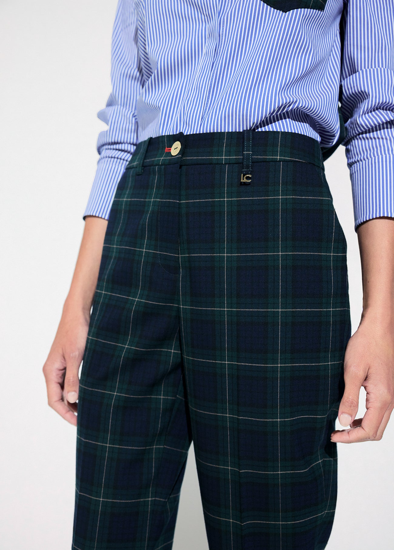 lf2614024-Barcelona plaid silhouette trousers-Blue-Green