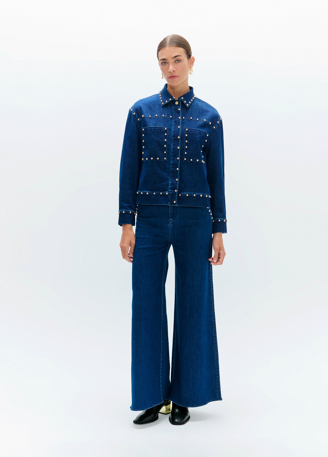 lf2614030-Flared denim with studs on waistband and front pockets-Blue-Denim