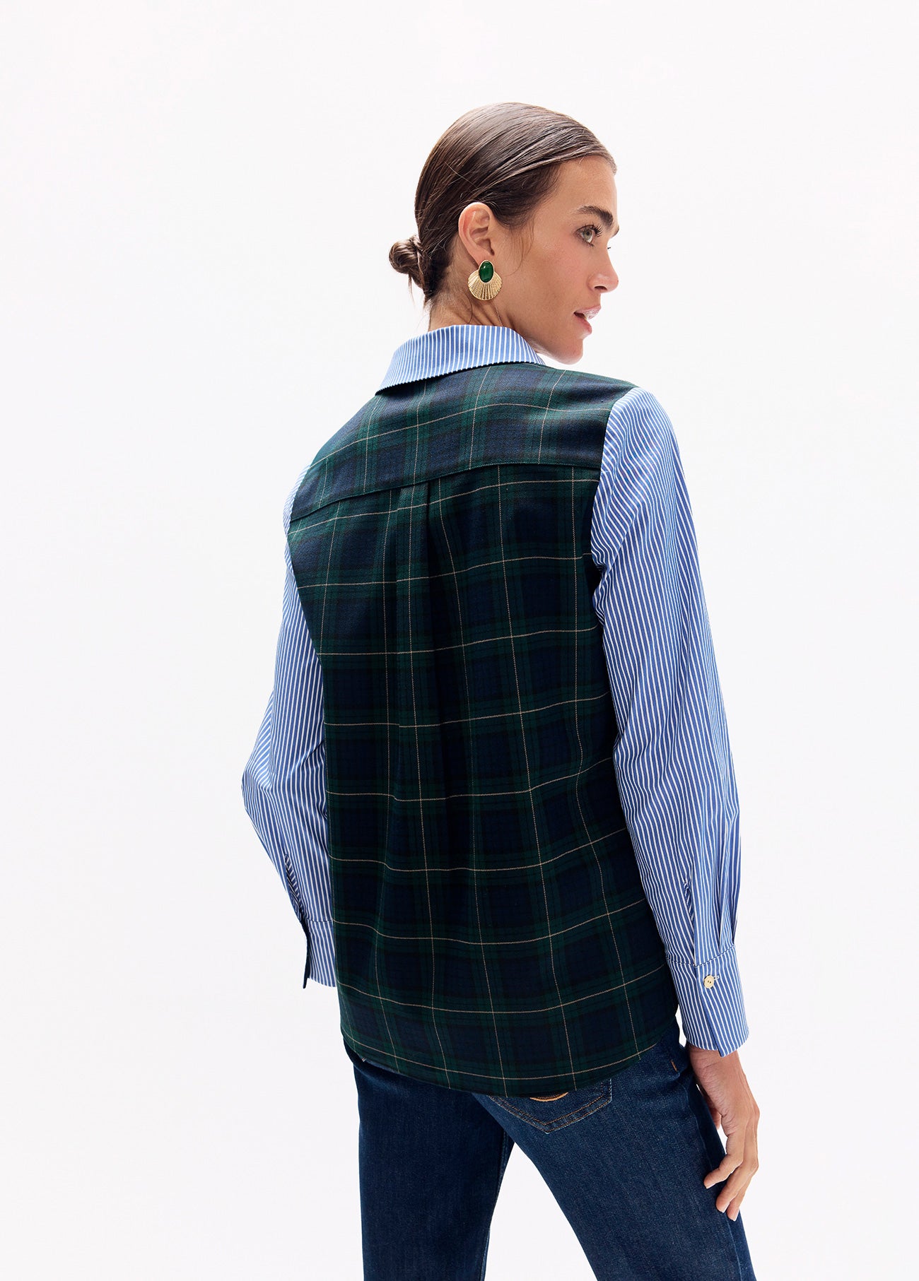 lf2615037-Tartan striped combo shirt-Blue-Green