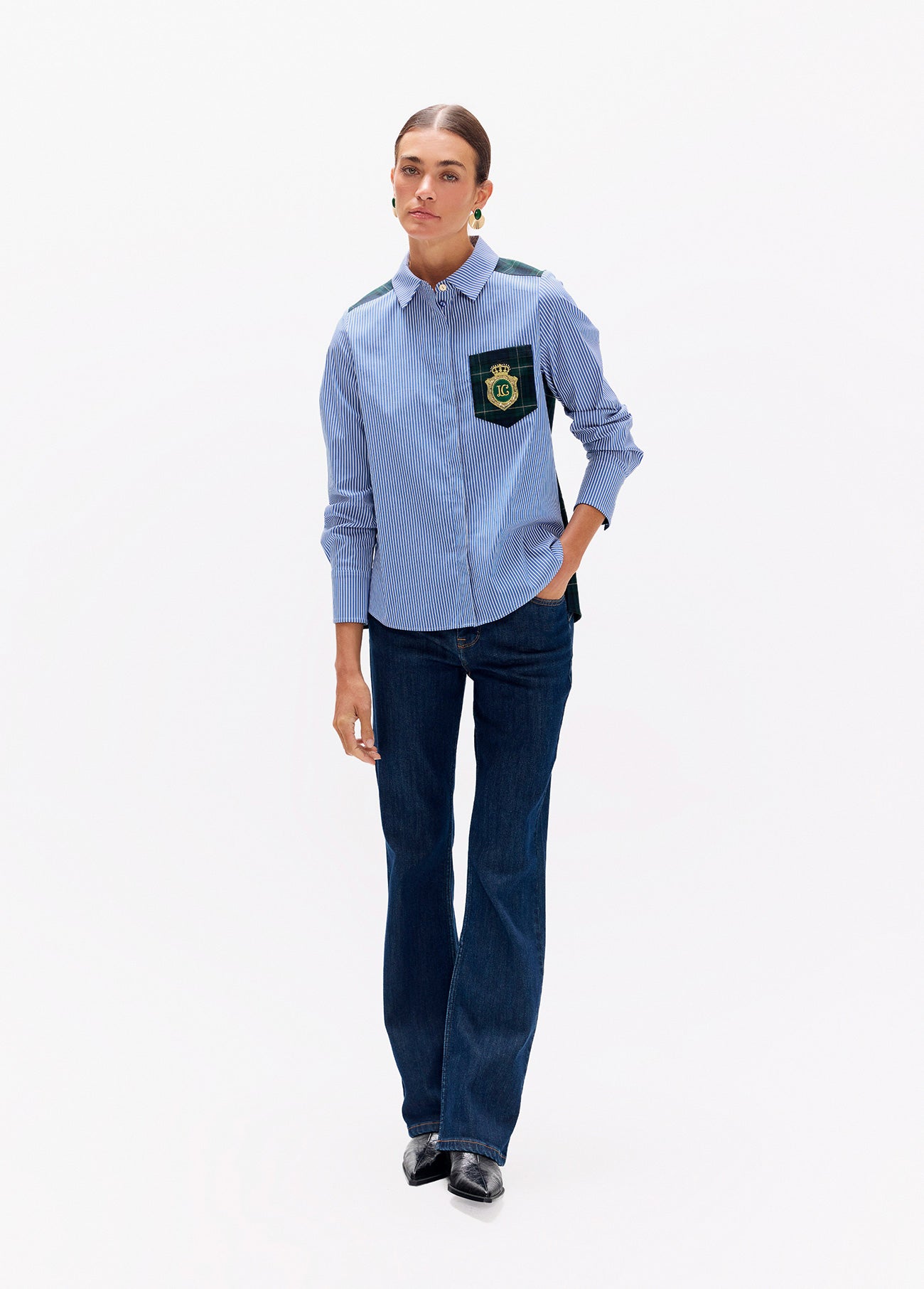 lf2615037-Tartan striped combo shirt-Blue-Green