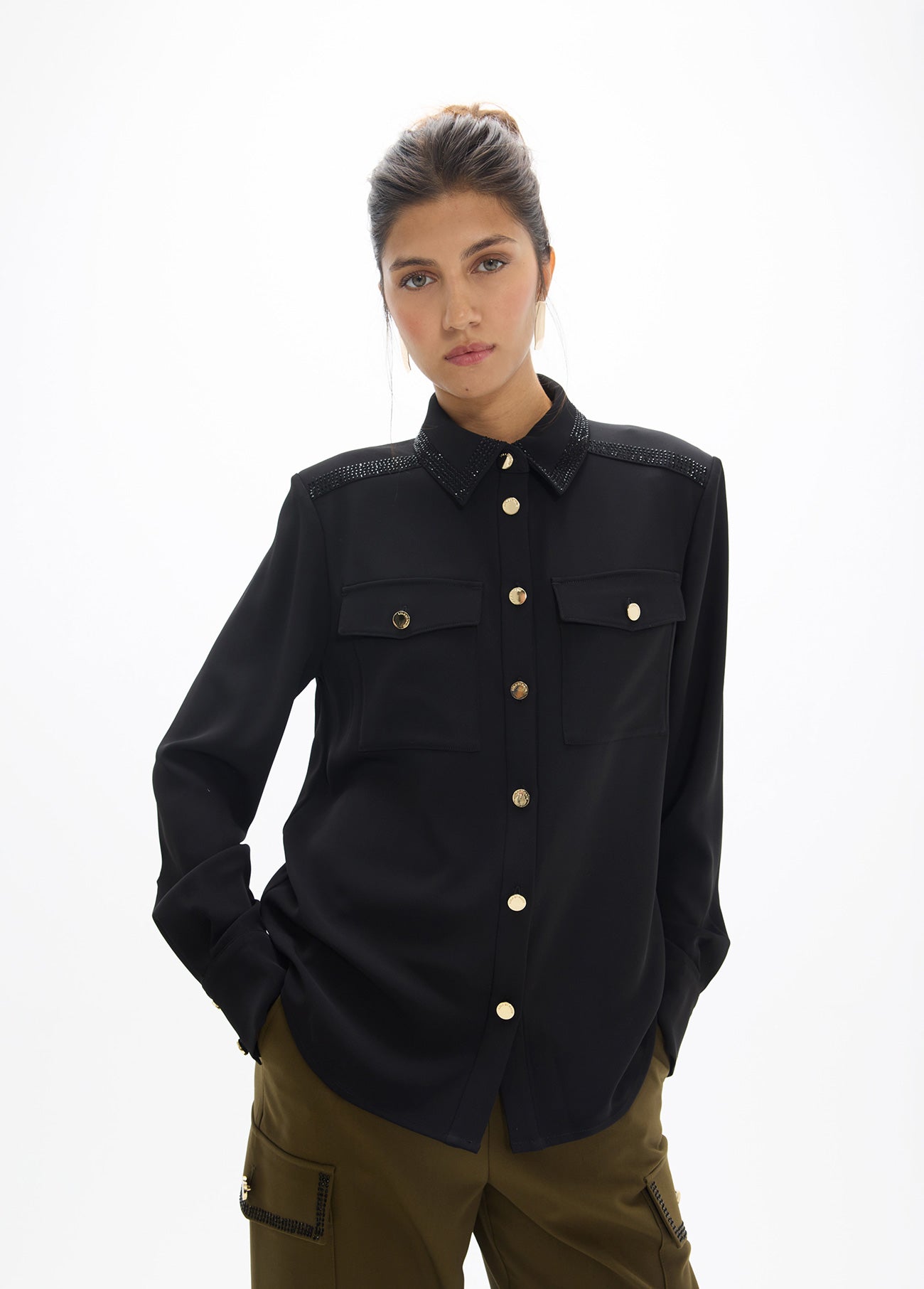 lf2615038-Military shirt with rhinestone detail on the back-Black