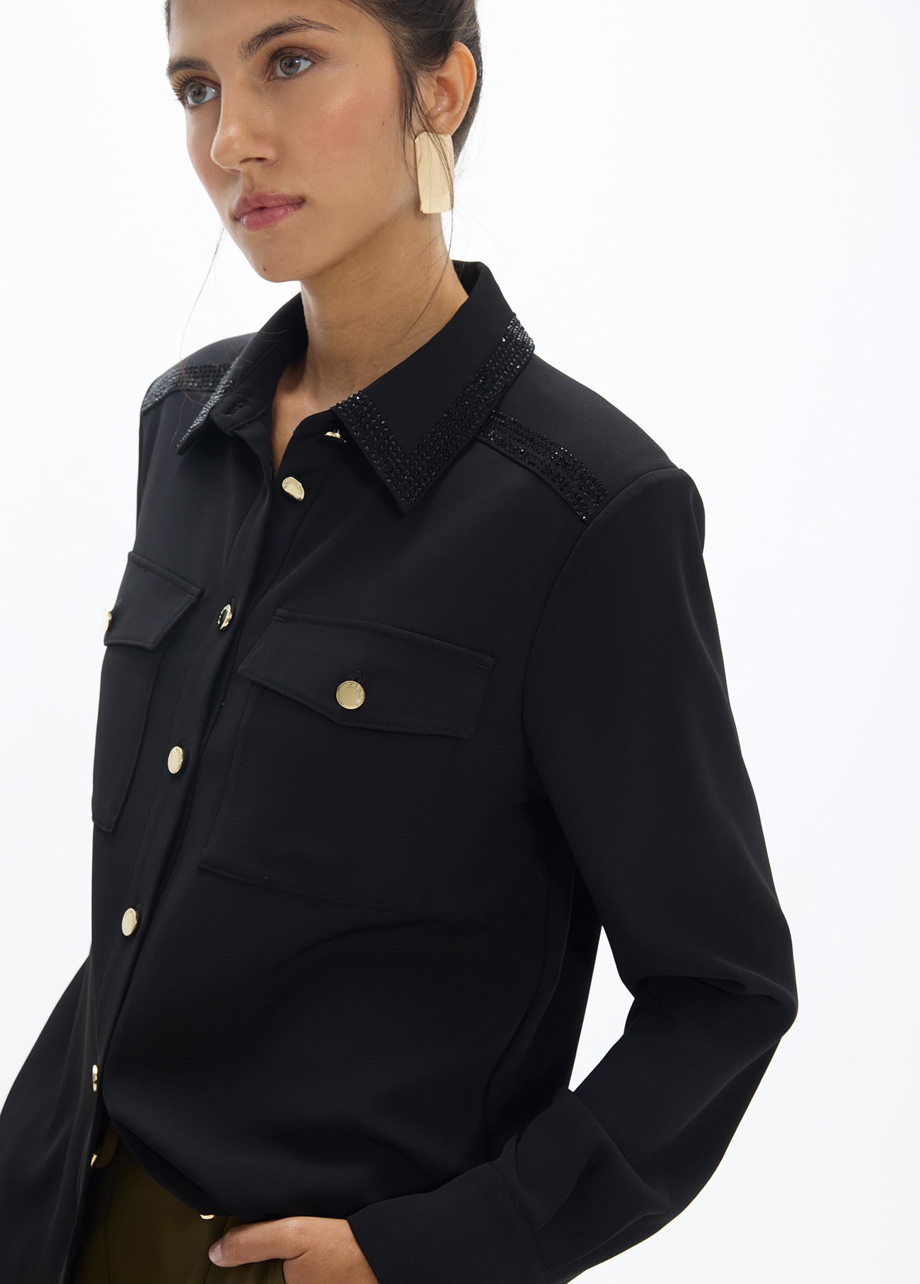 lf2615038-Military shirt with rhinestone detail on the back-Black