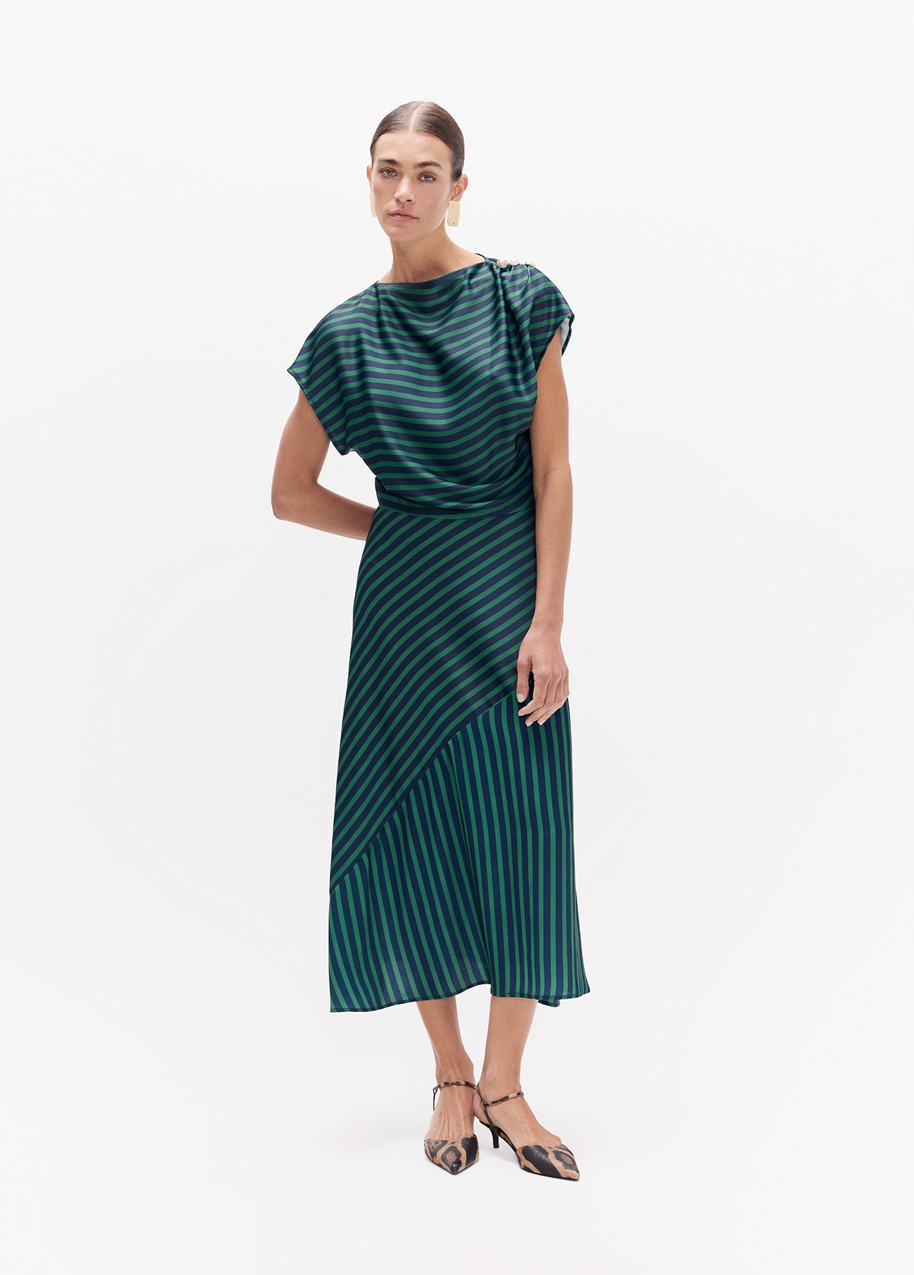 lf2616005-Long dress s/m two-tone stripes-Green-Blue