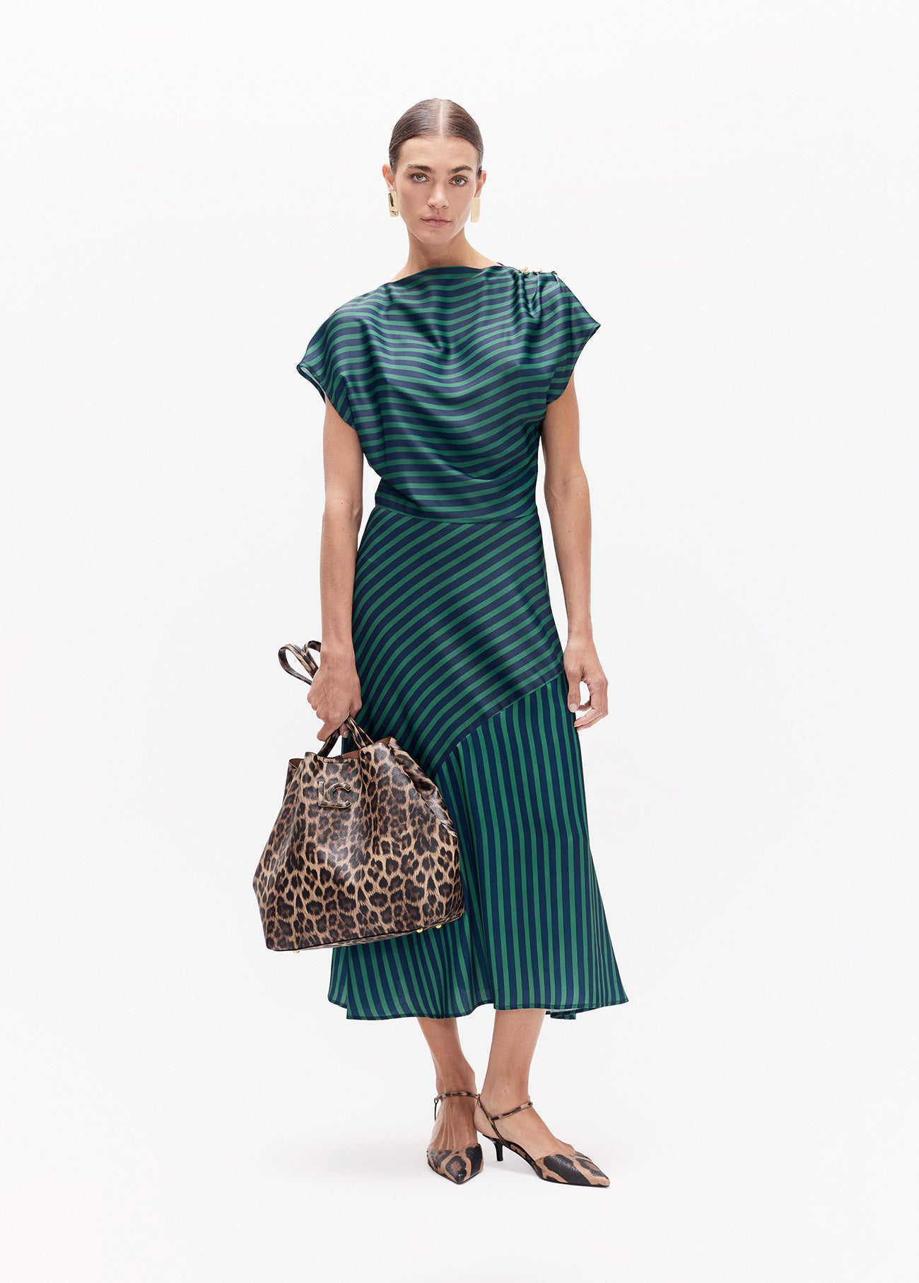 lf2616005-Long dress s/m two-tone stripes-Green-Blue