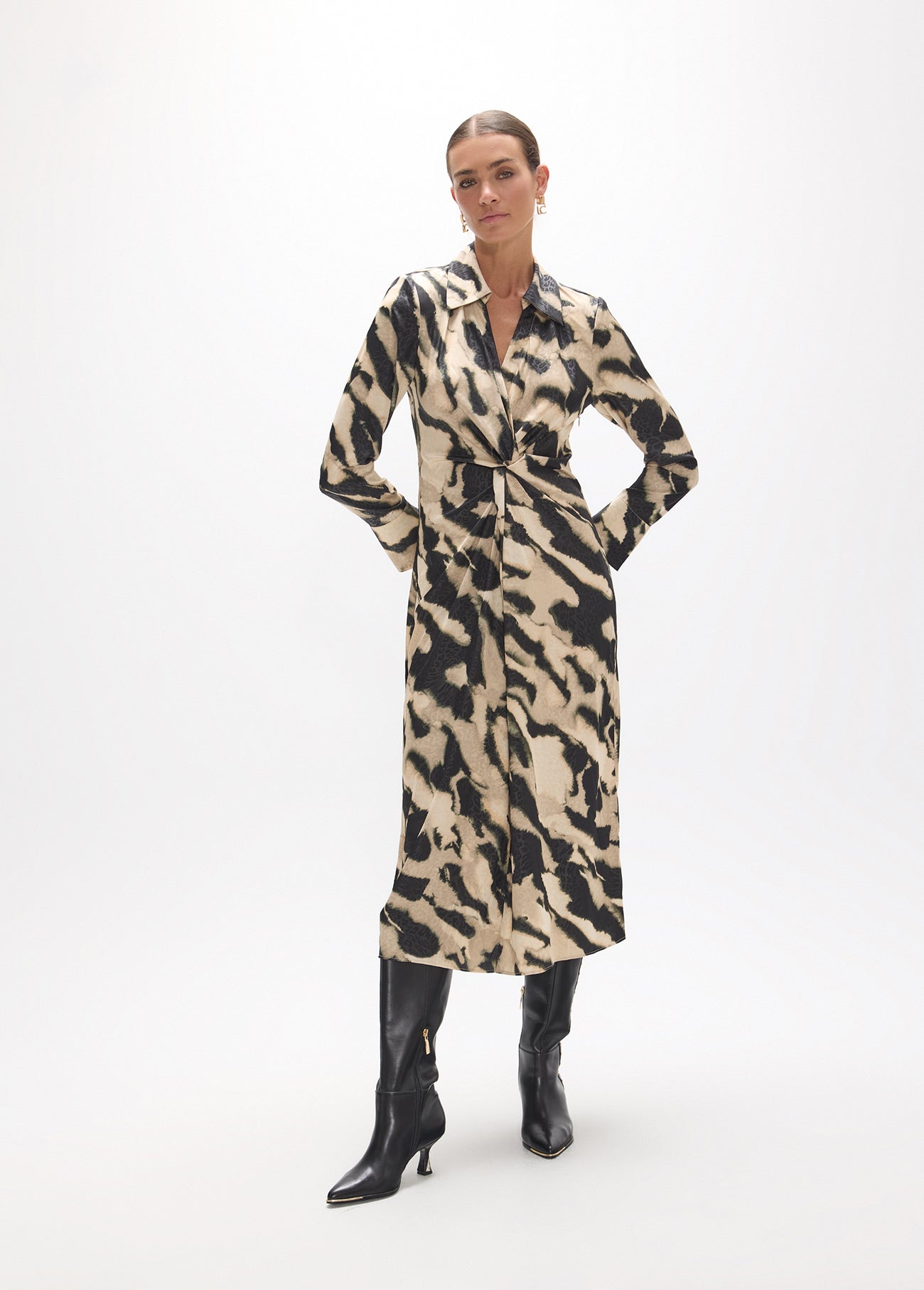 lf2616006-Knot dress with marble print-Black-Ecru