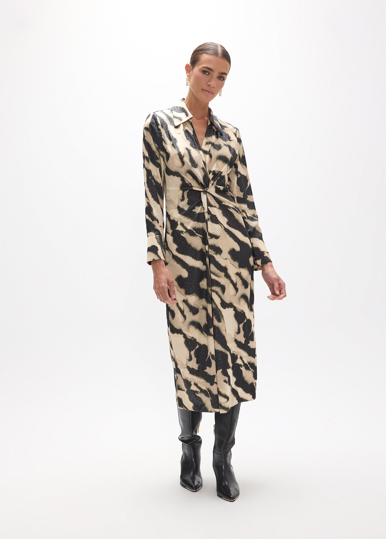 lf2616006-Knot dress with marble print-Black-Ecru
