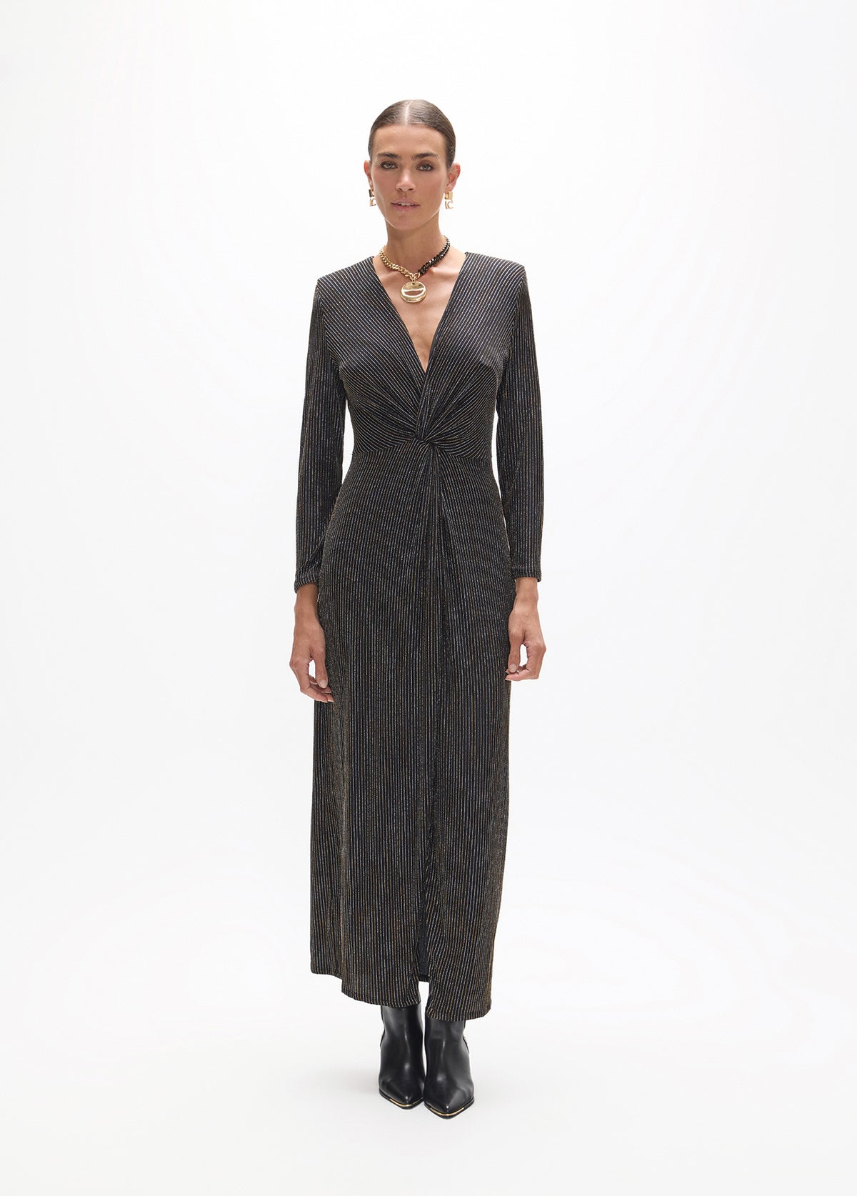 lf2616007-Long dress, v-neck with knot and long sleeves, fantasy fabric.-Black