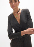 lf2616007-Long dress, v-neck with knot and long sleeves, fantasy fabric.-Black