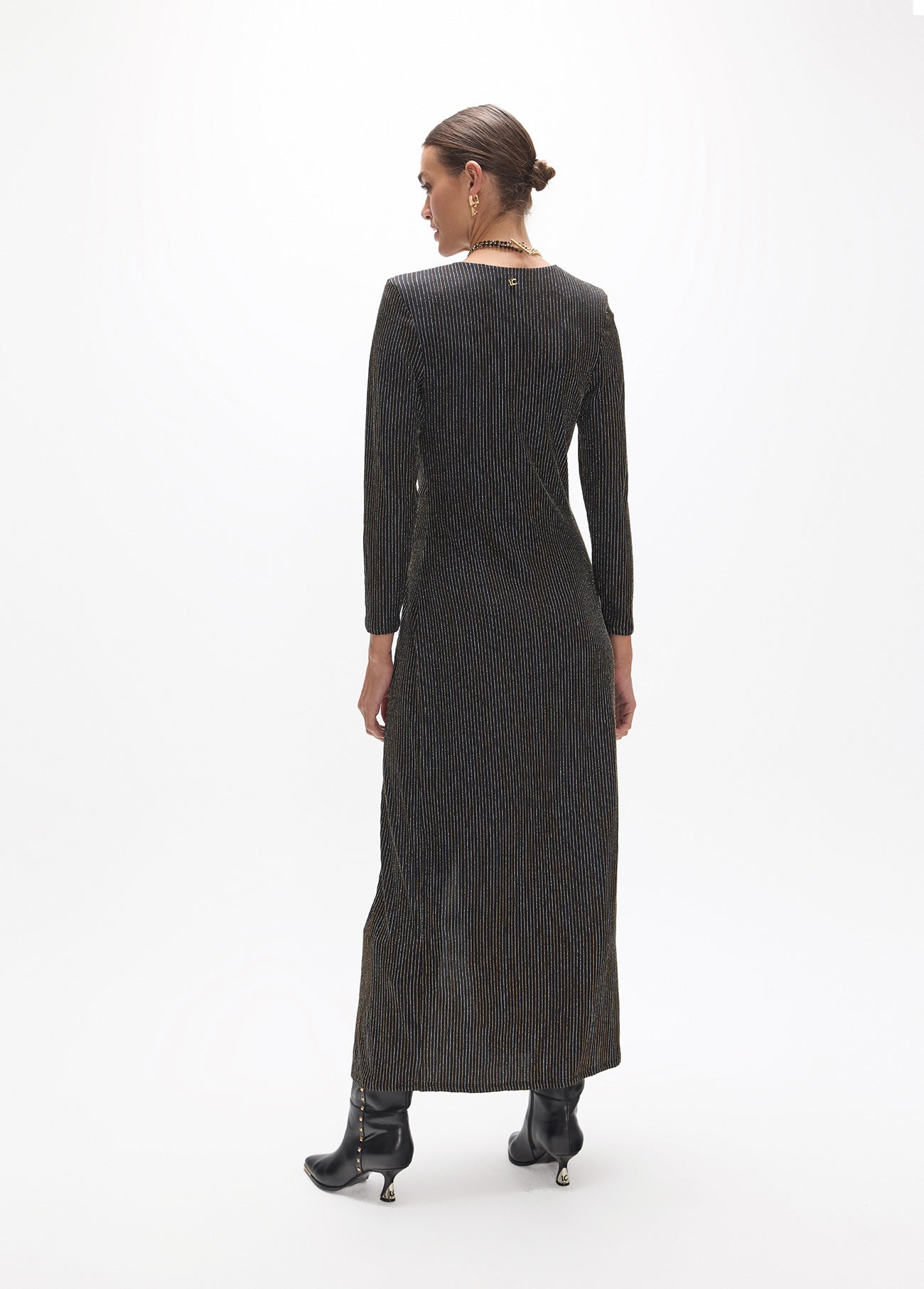lf2616007-Long dress, v-neck with knot and long sleeves, fantasy fabric.-Black