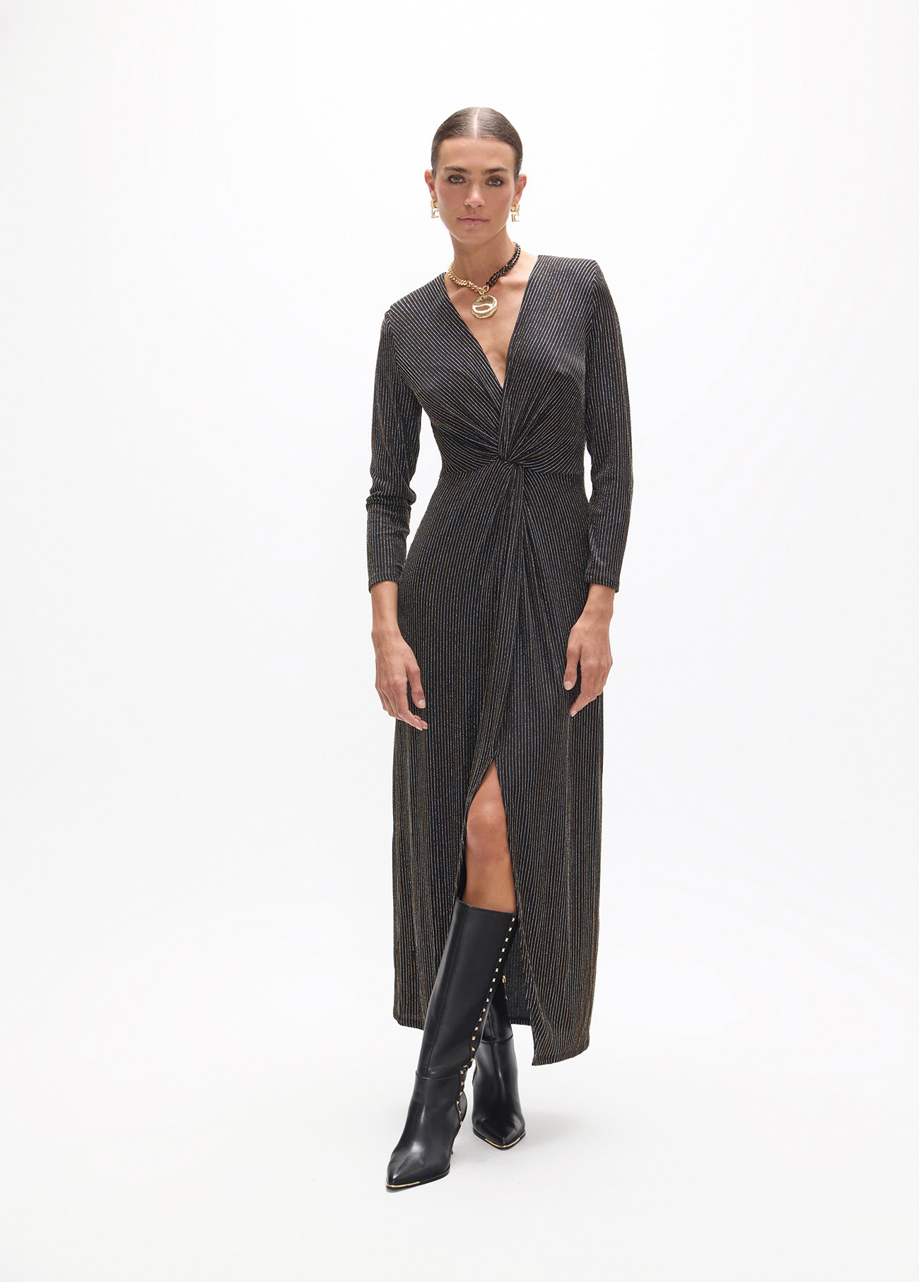 lf2616007-Long dress, v-neck with knot and long sleeves, fantasy fabric.-Black