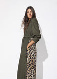 lf2616015-Khaki shirt dress contrast animal print-Green-Multicolor