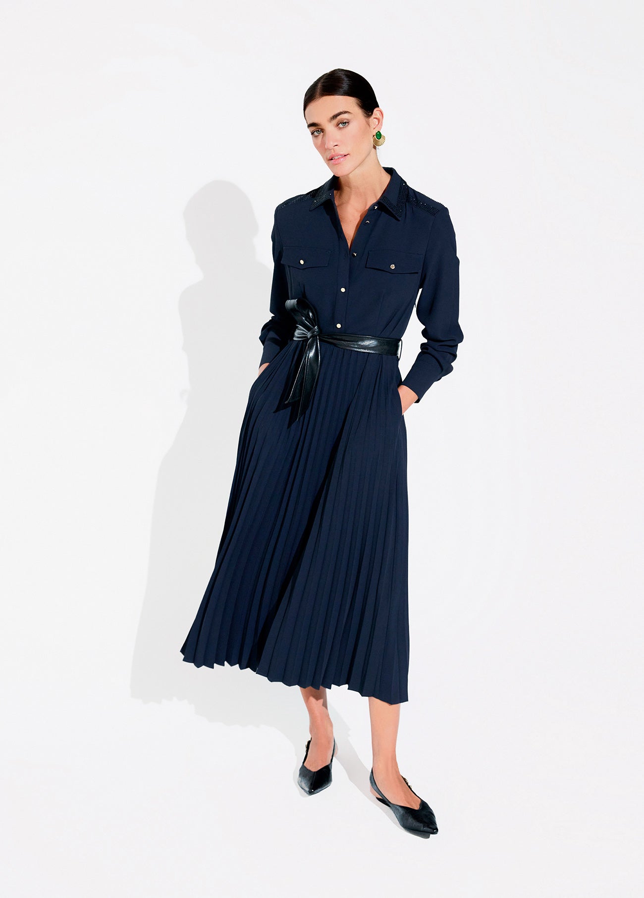 lf2616023-Navy rhinestone midi shirt dress-Navy