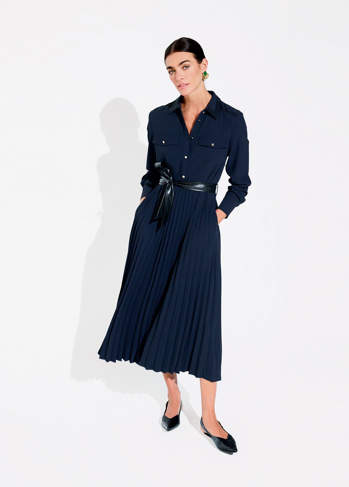 lf2616023-Navy rhinestone midi shirt dress-Navy