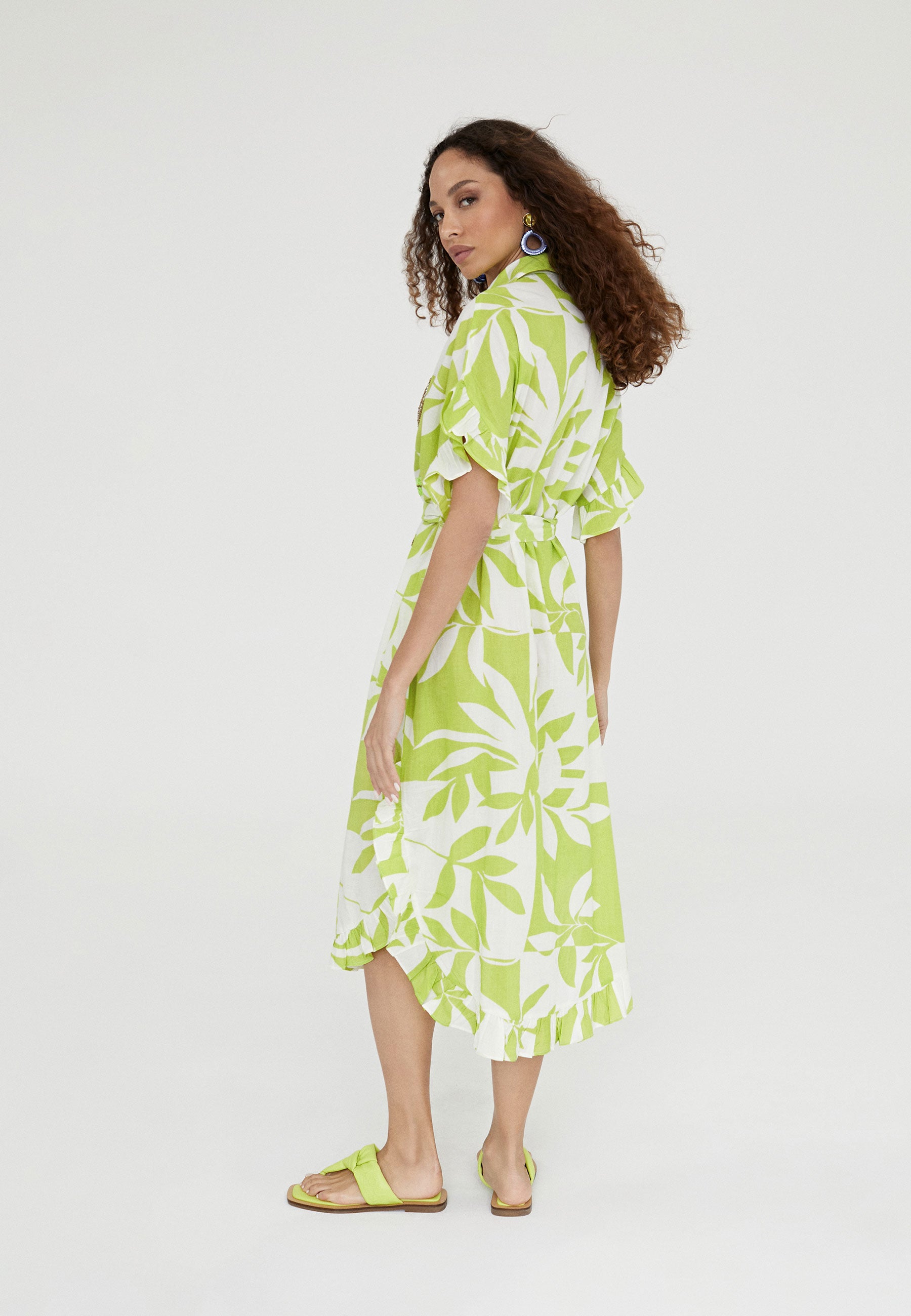 LS2416066-Green-White-Ruffled printed caftan