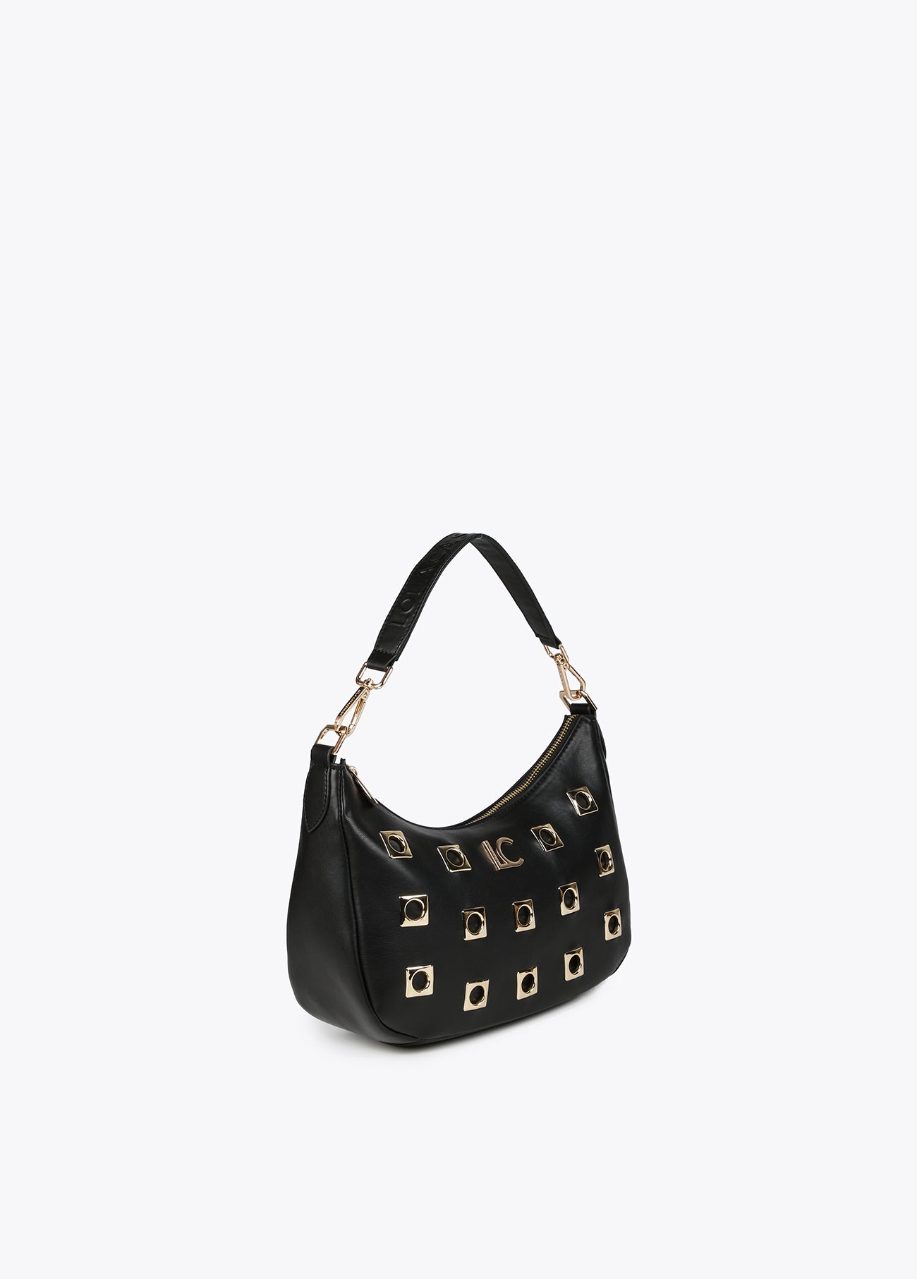 Shoulder bag with square metal eyelets