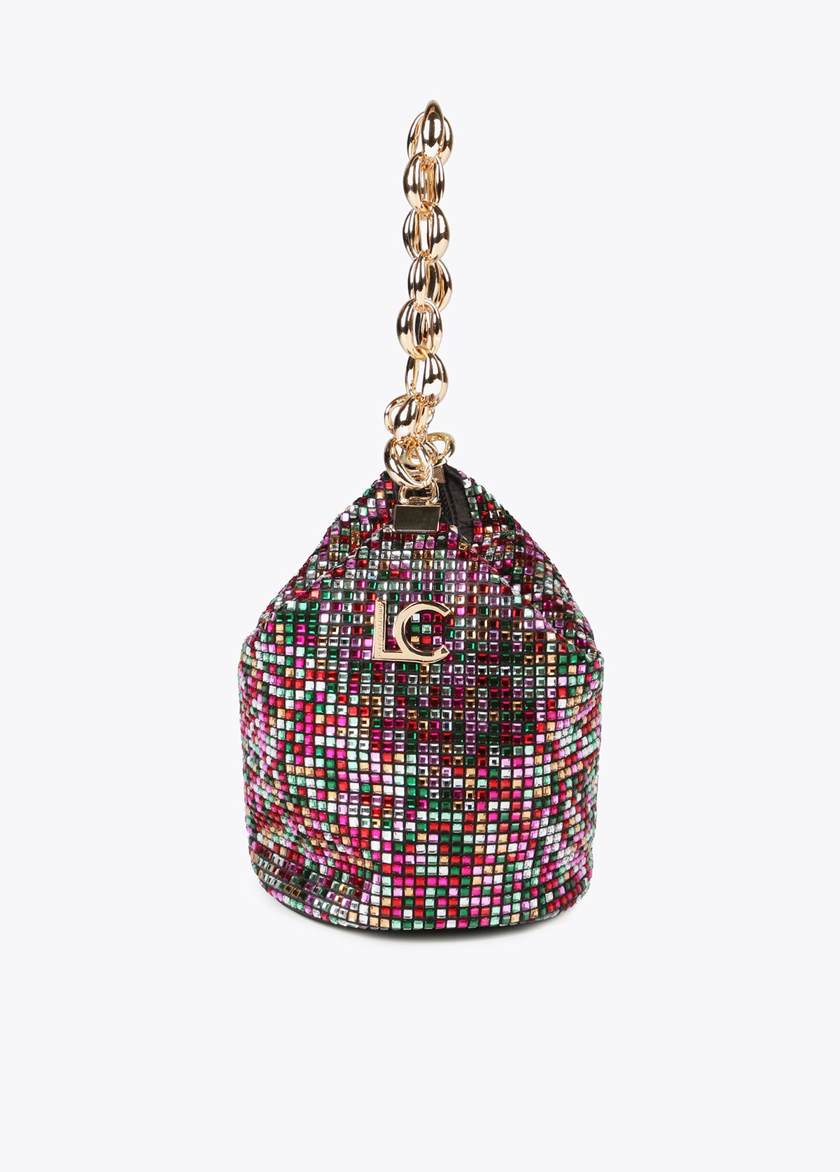 Bucket bag with multicoloured rhinestones