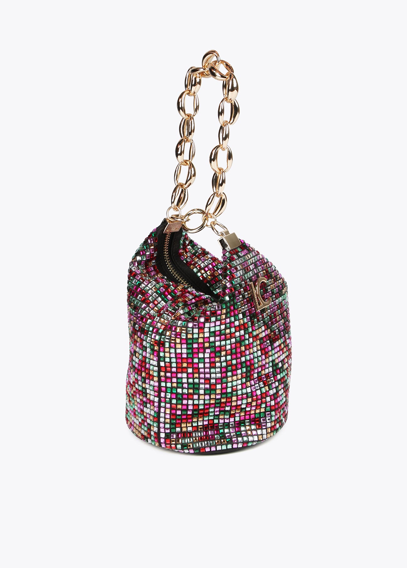 Bucket bag with multicoloured rhinestones