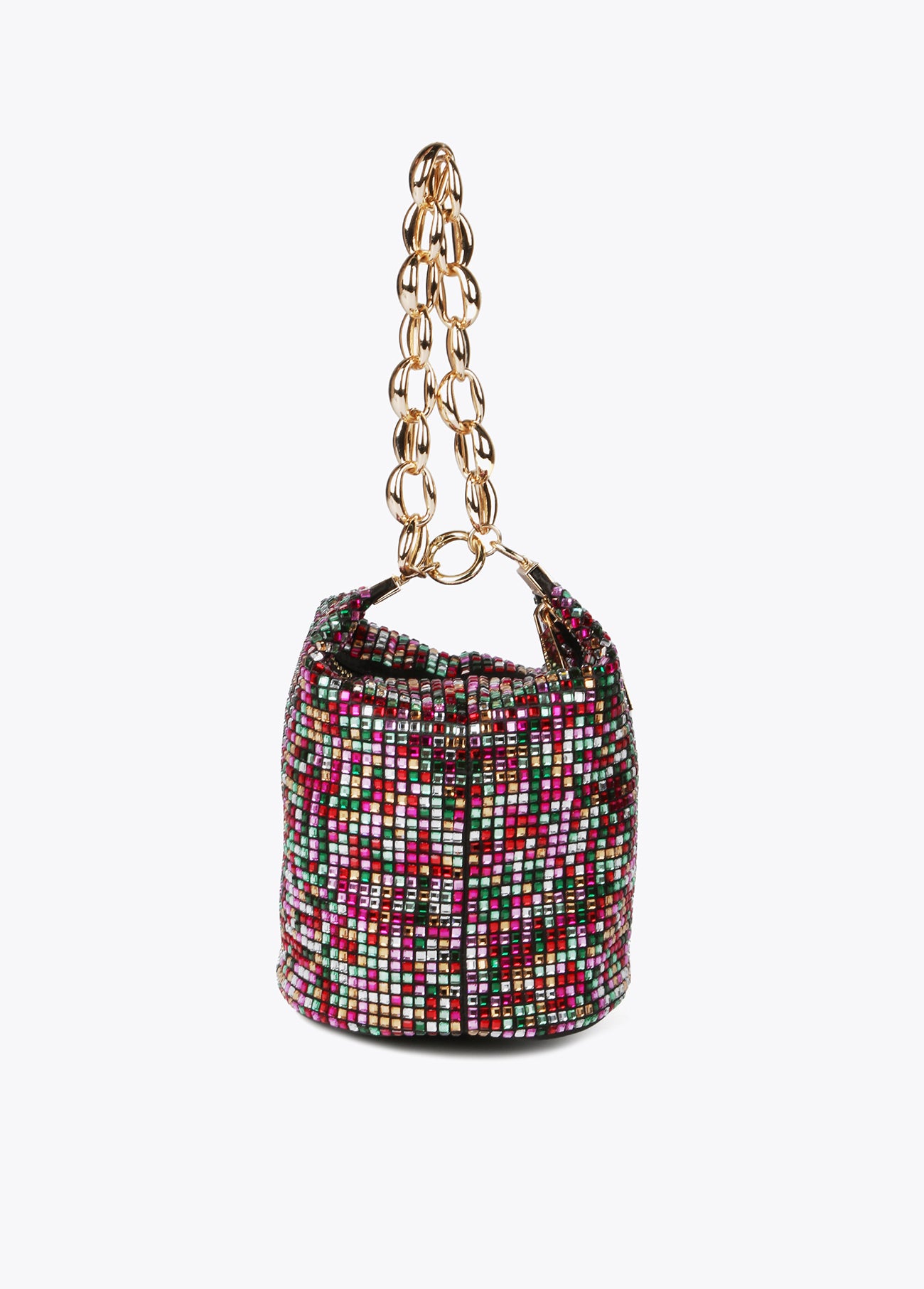 Bucket bag with multicoloured rhinestones