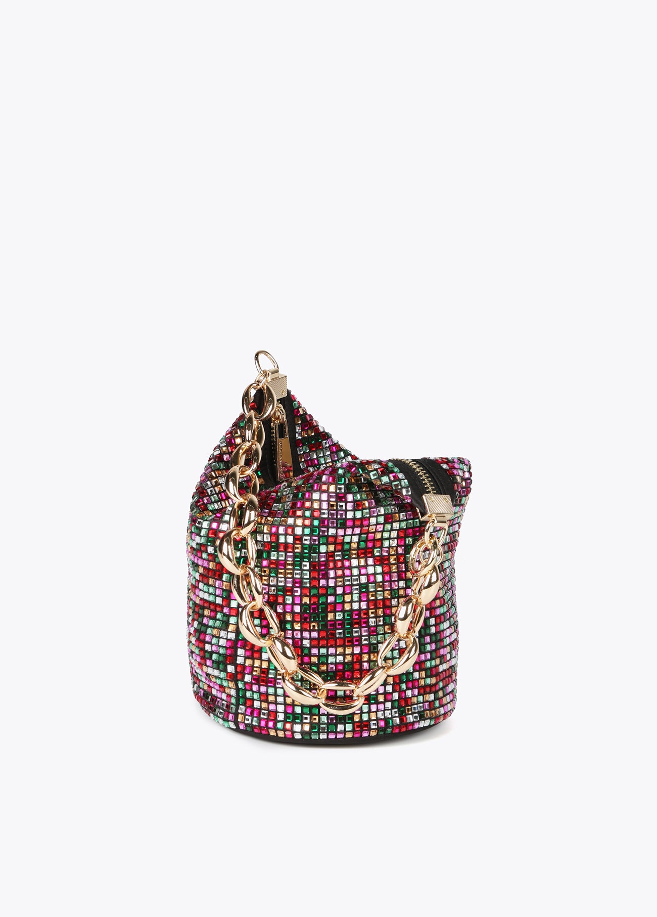 Bucket bag with multicoloured rhinestones