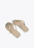 Flat sandals with metallic straps and gold heel