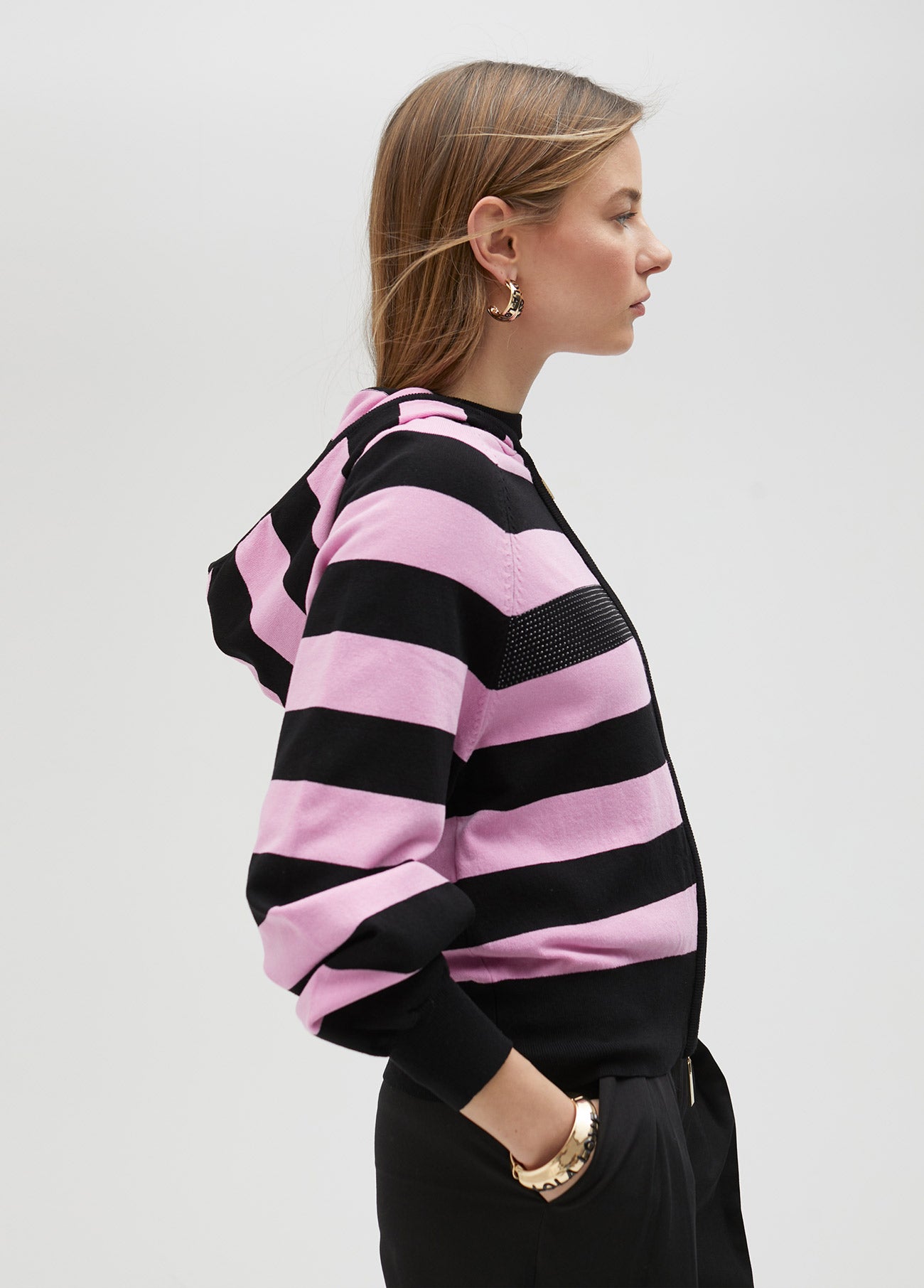 Knit hoodie.