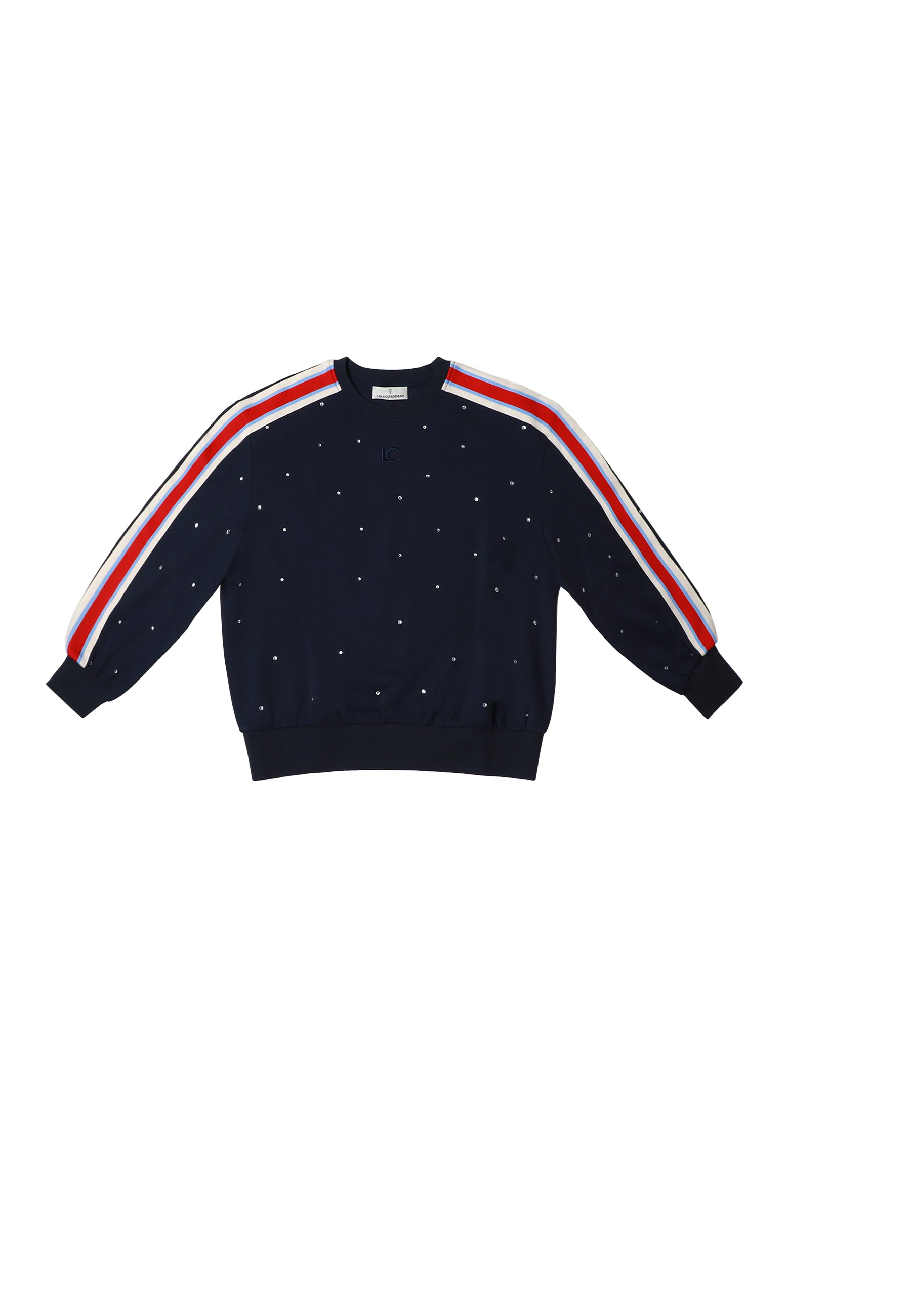 Sweatshirt with sporty stripe and rhinestones