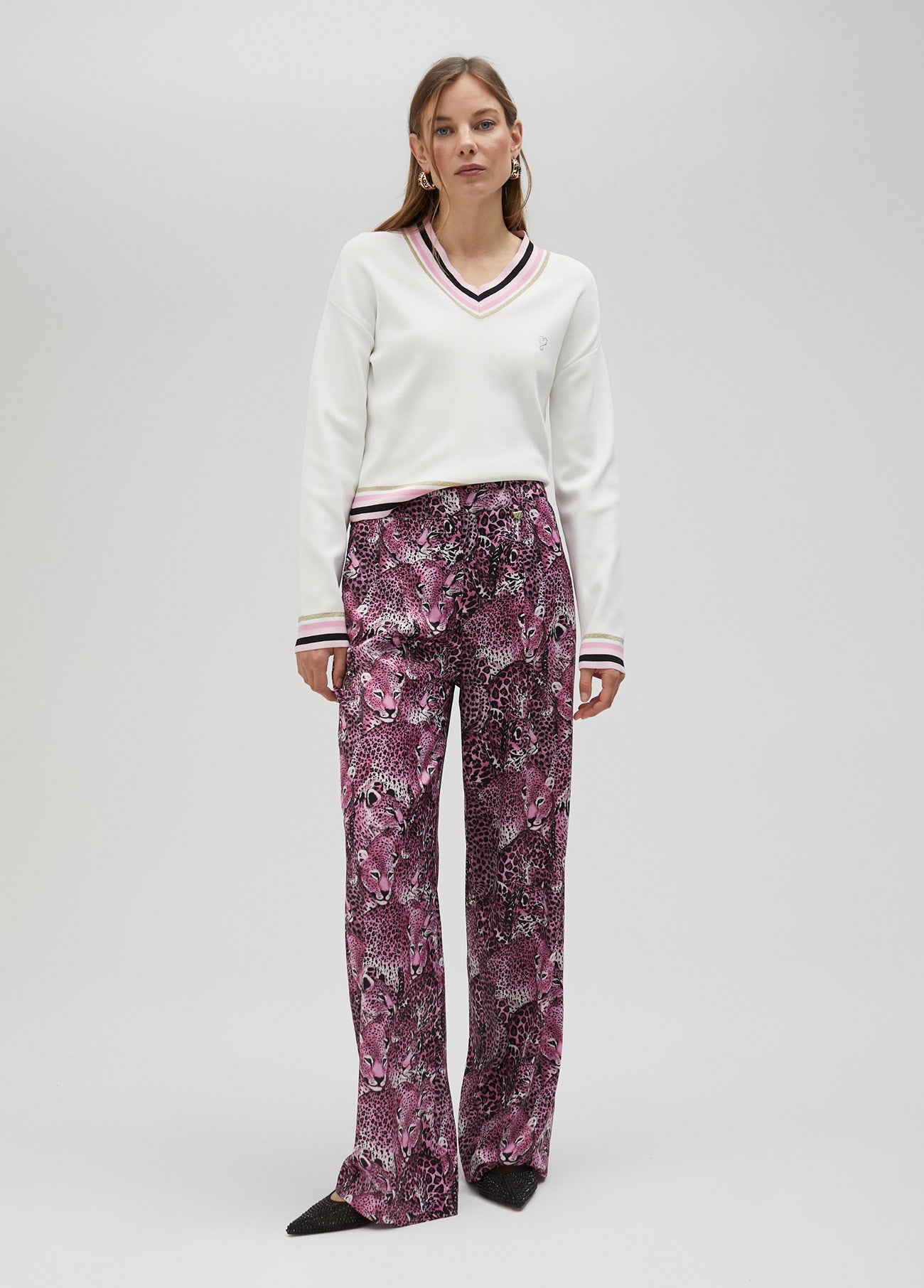 Pink animal print straight-leg trousers