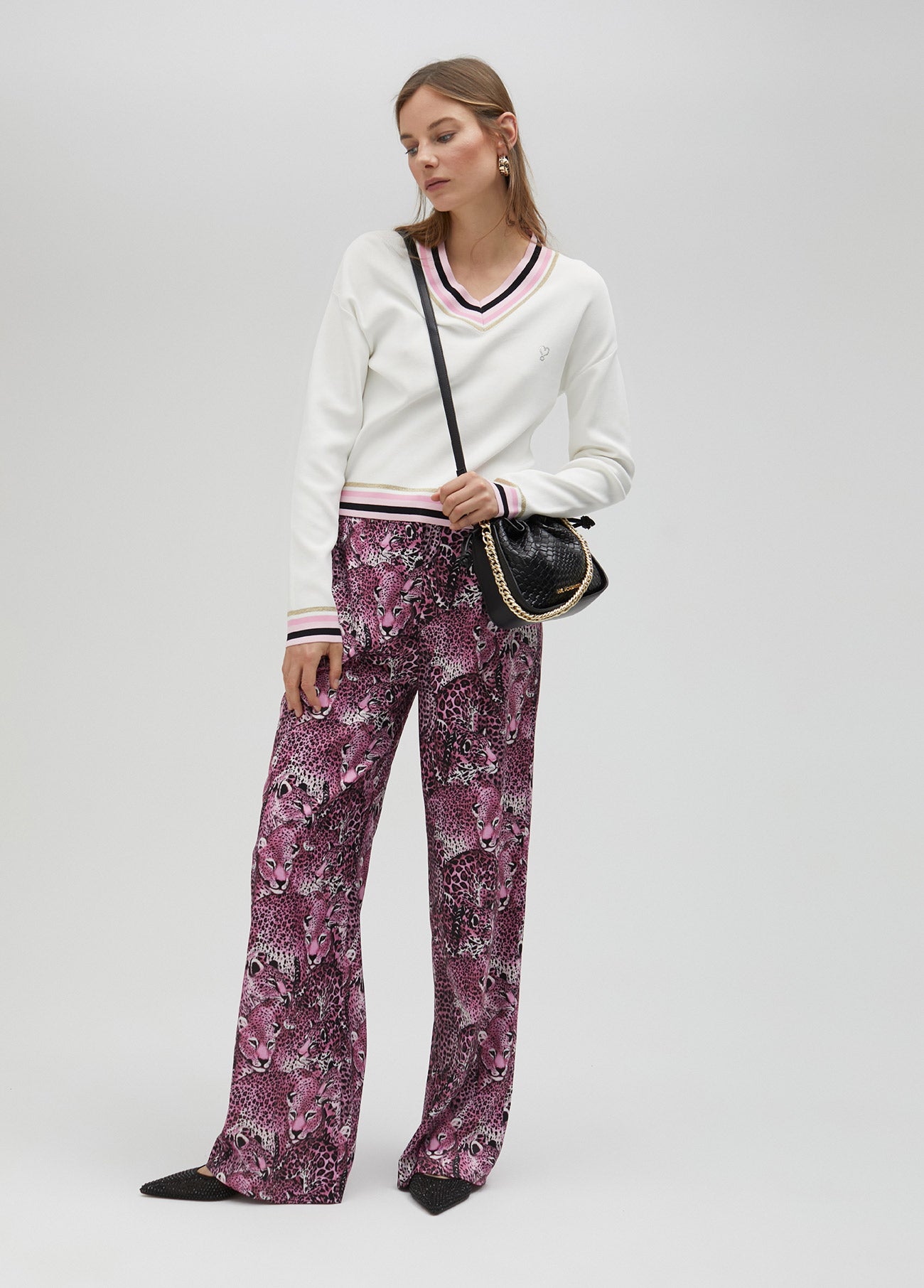 Pink animal print straight-leg trousers