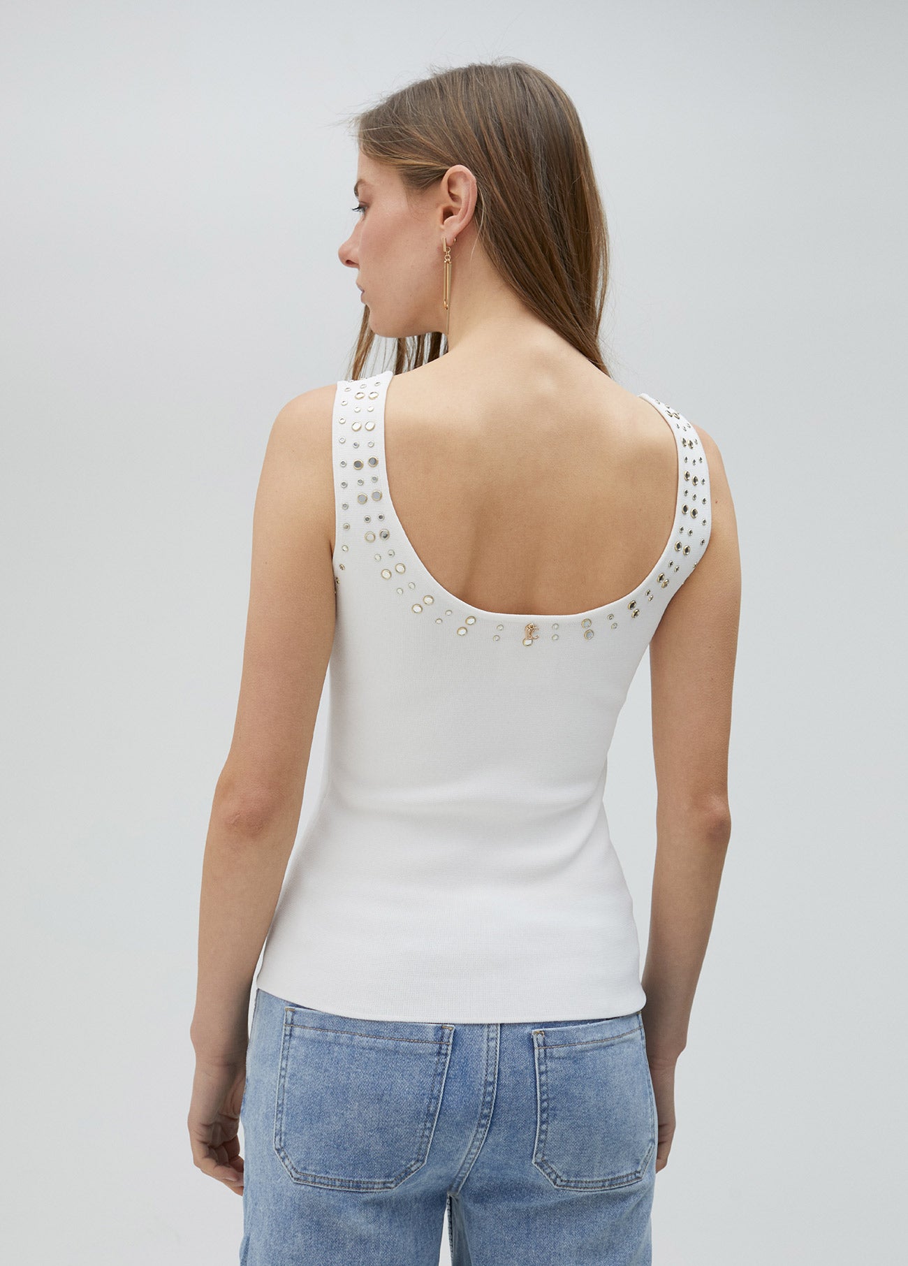 Knit top with rhinestone neckline