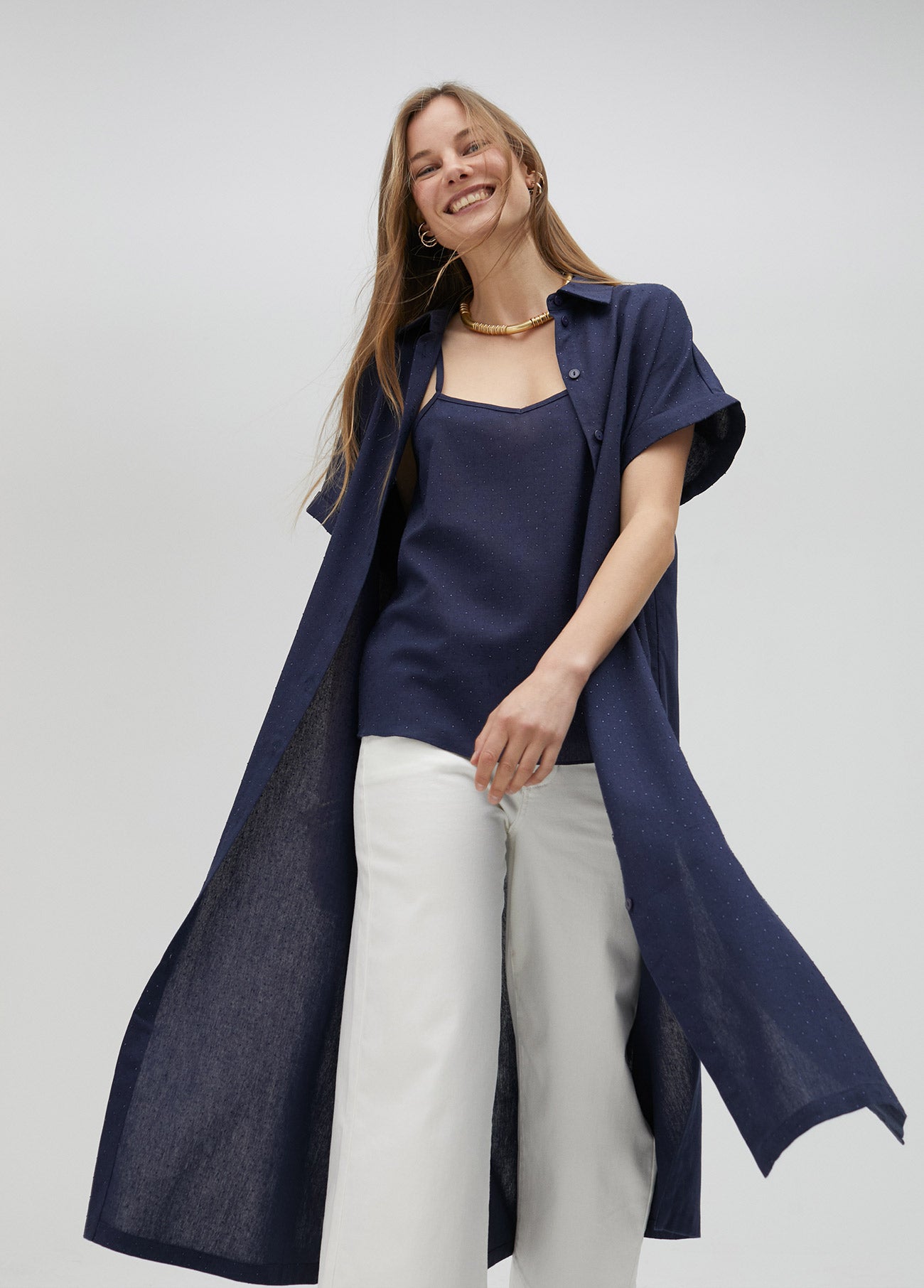 Long oversize blouse with rhinestone detail