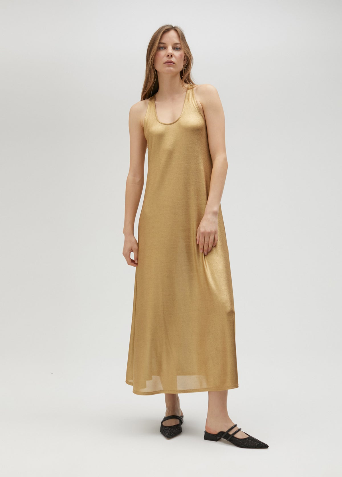 Long gold strappy dress