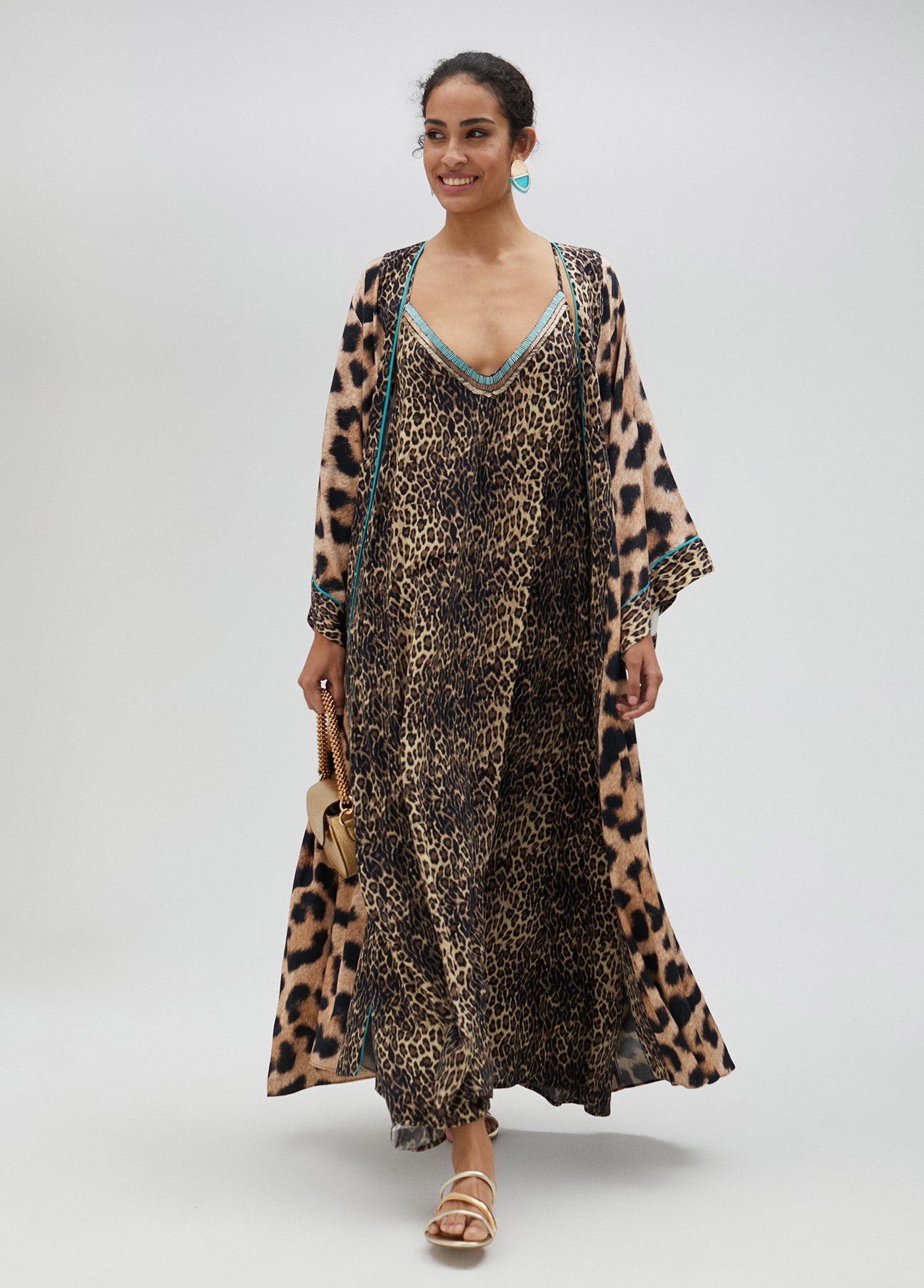 Long kimono with mini leopard print