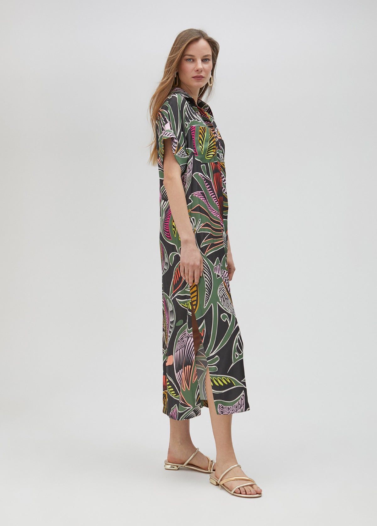Tropical print shirt dress
