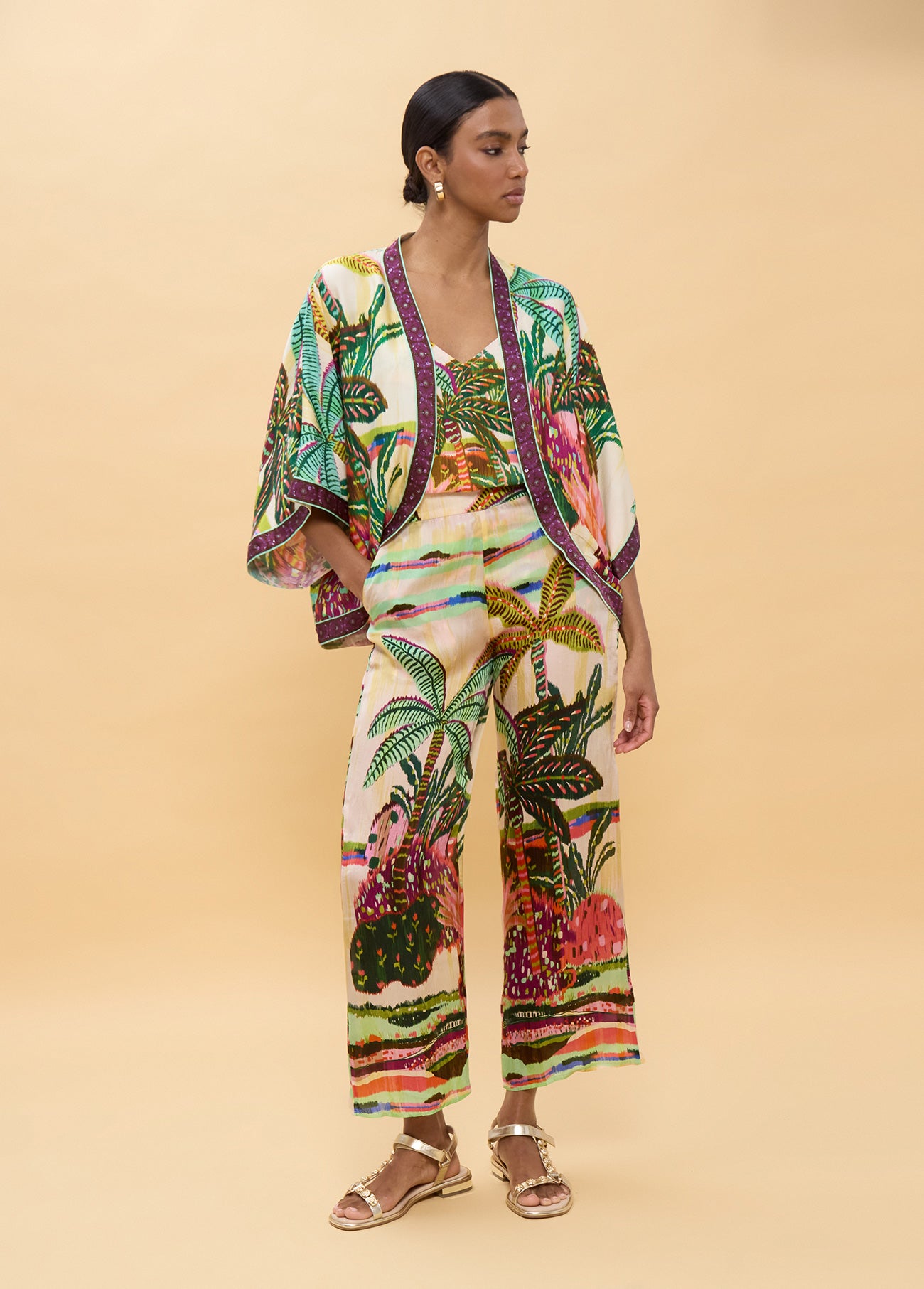 Multicolor Palm Print Kimono