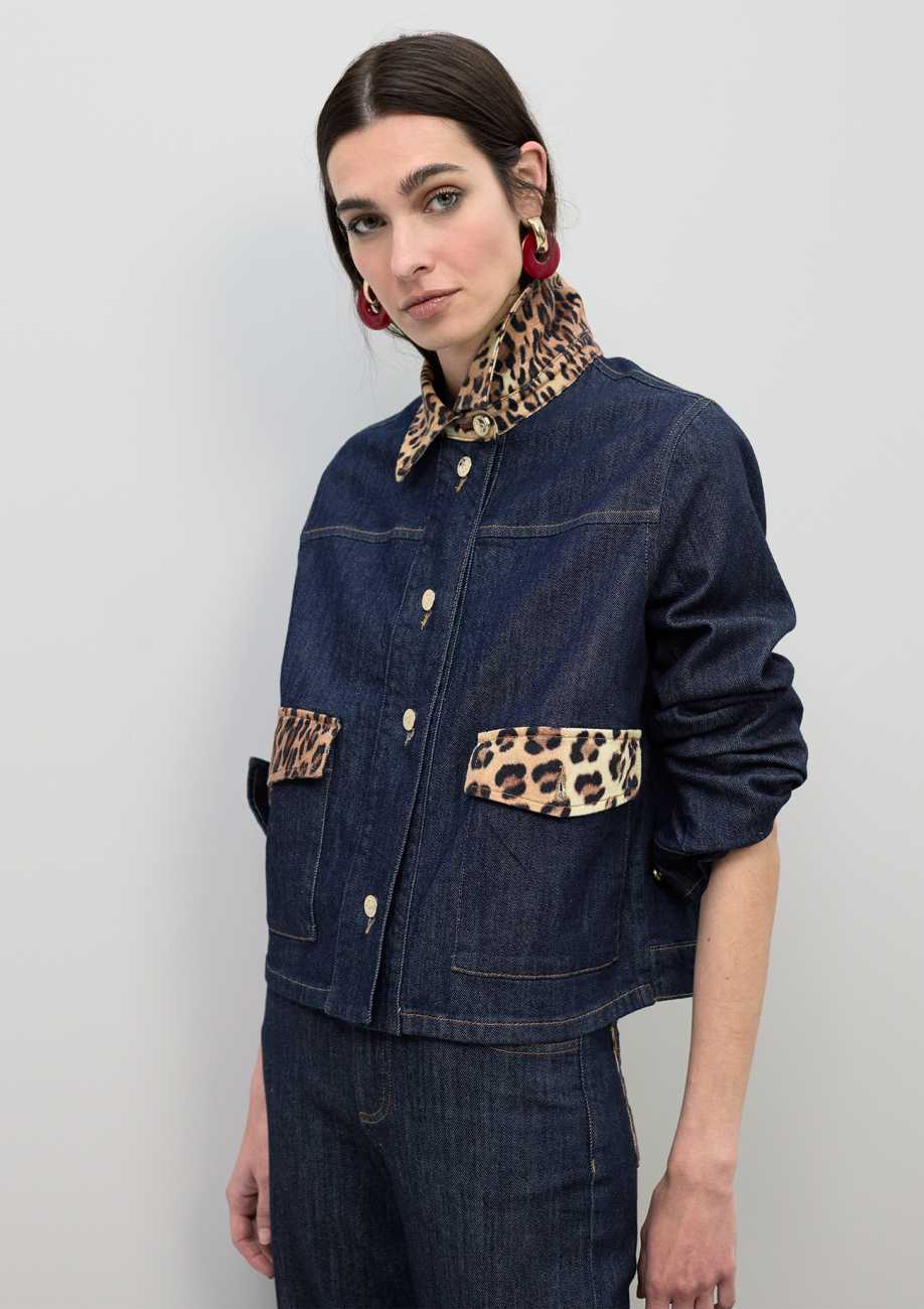 Short Denim Jacket with Leopard Collar and Flap Details