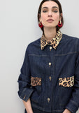 Short Denim Jacket with Leopard Collar and Flap Details