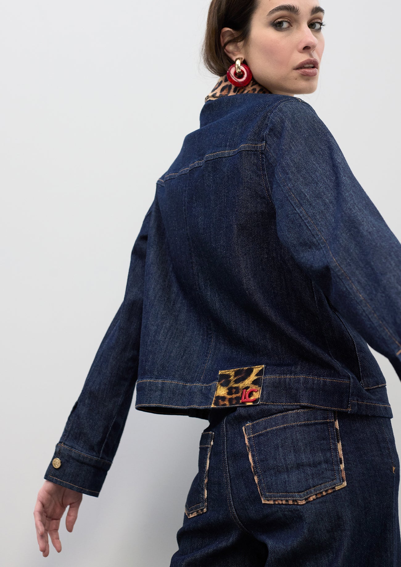 Short Denim Jacket with Leopard Collar and Flap Details