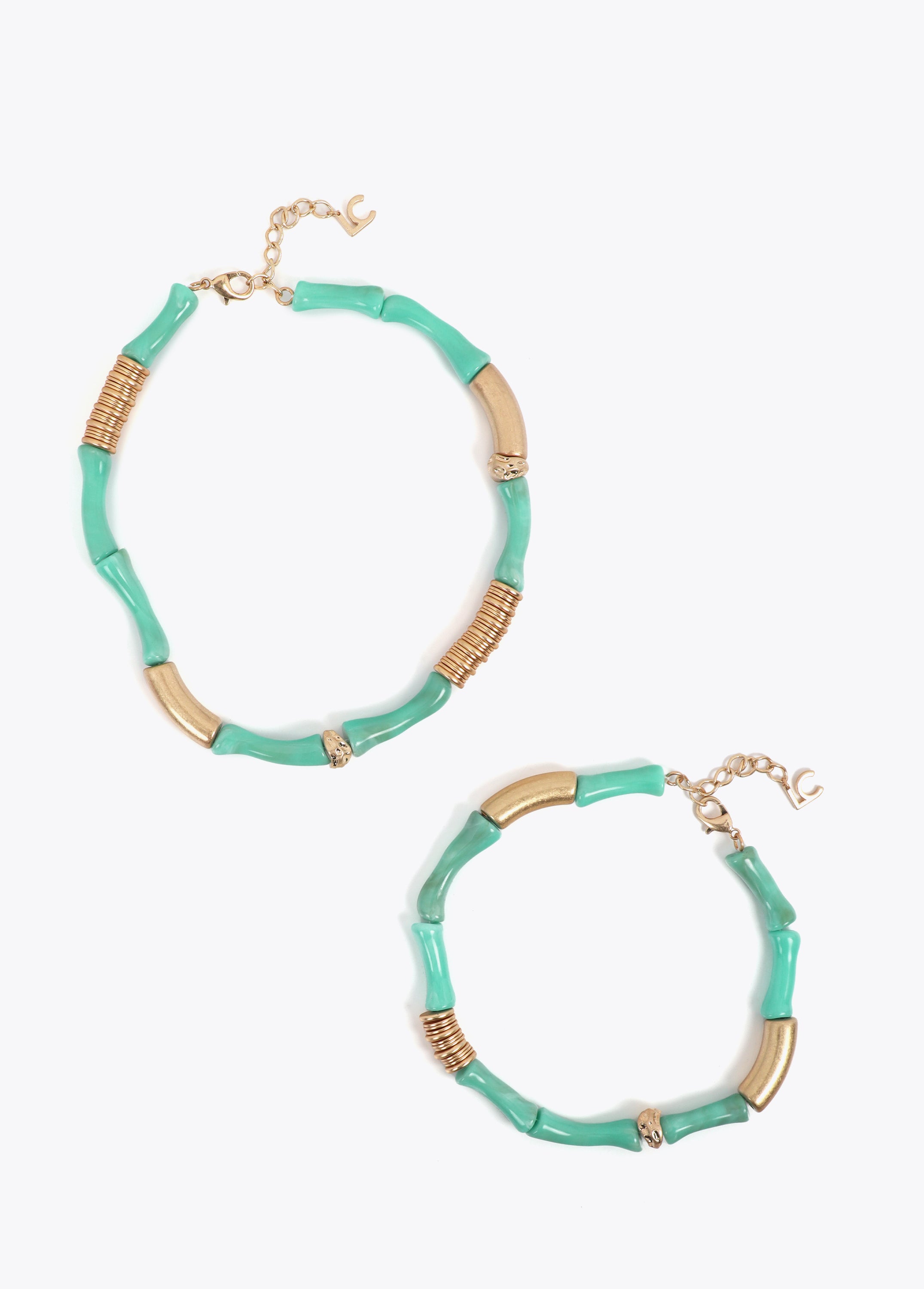 Pack of Two Combined Necklaces with Bamboo-Effect Metal Pieces