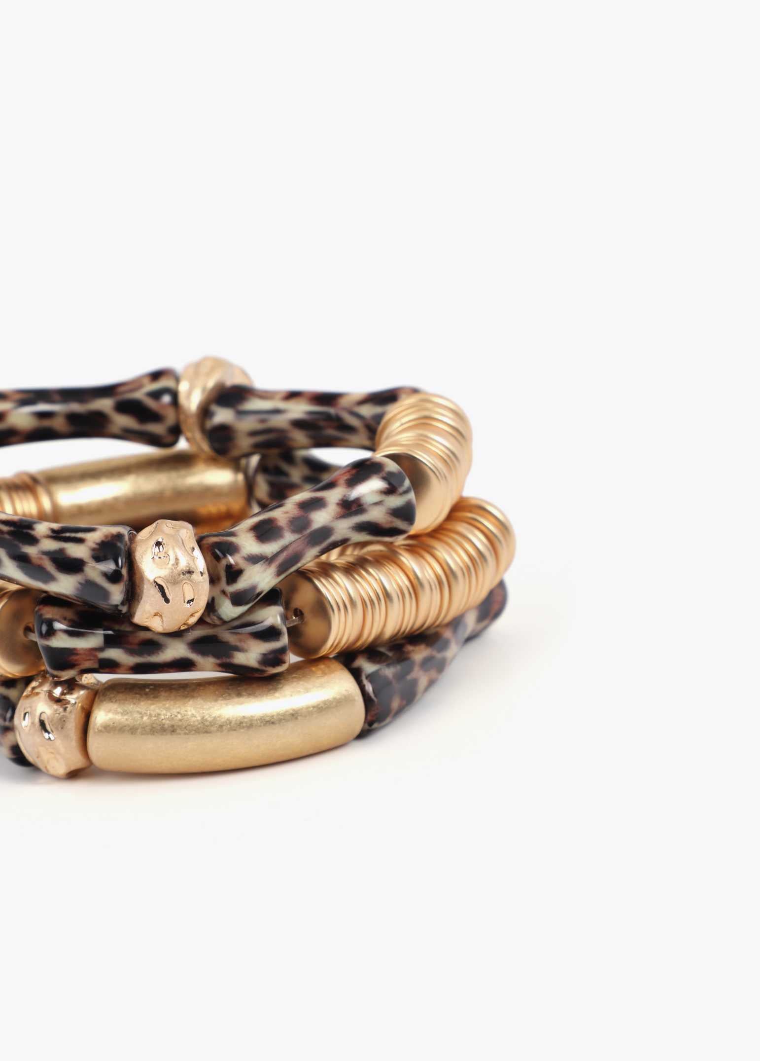 Elastic Bracelet Set with Bamboo Effect Metal Pieces Animal Print