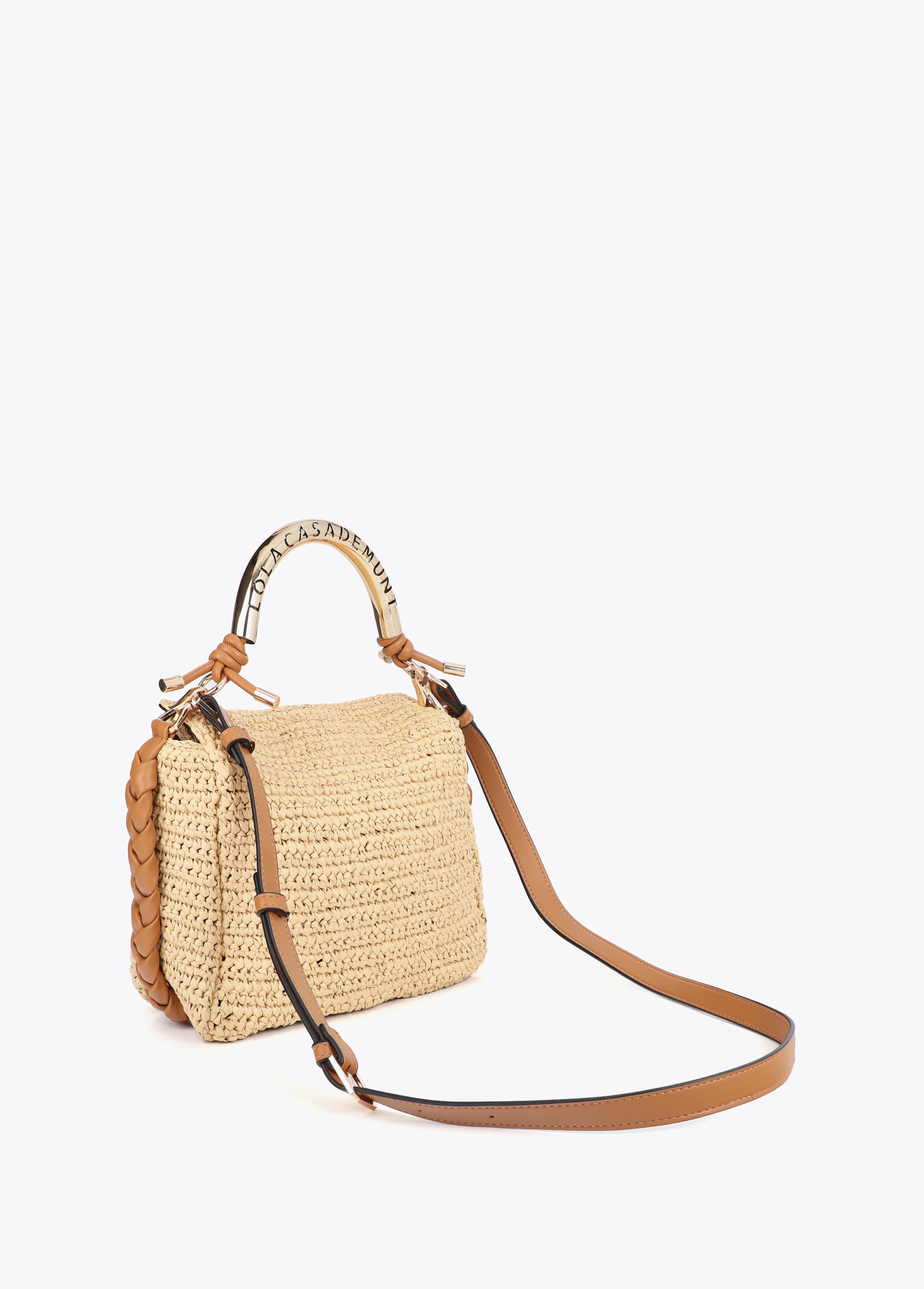 Combined Straw Effect Crossbody with Perforated Logo Handle
