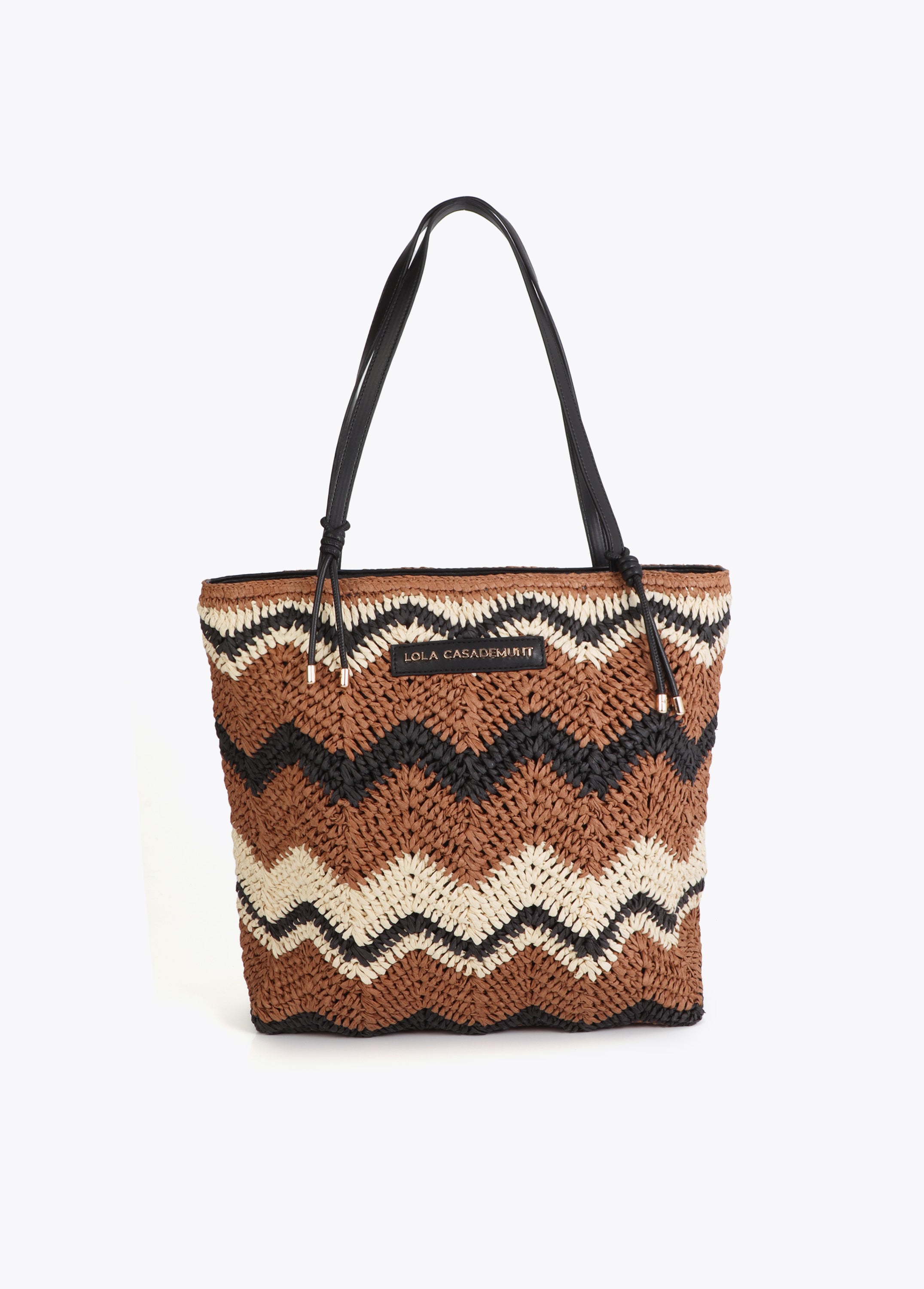 Two-Tone Herringbone Effect Raffia Bag