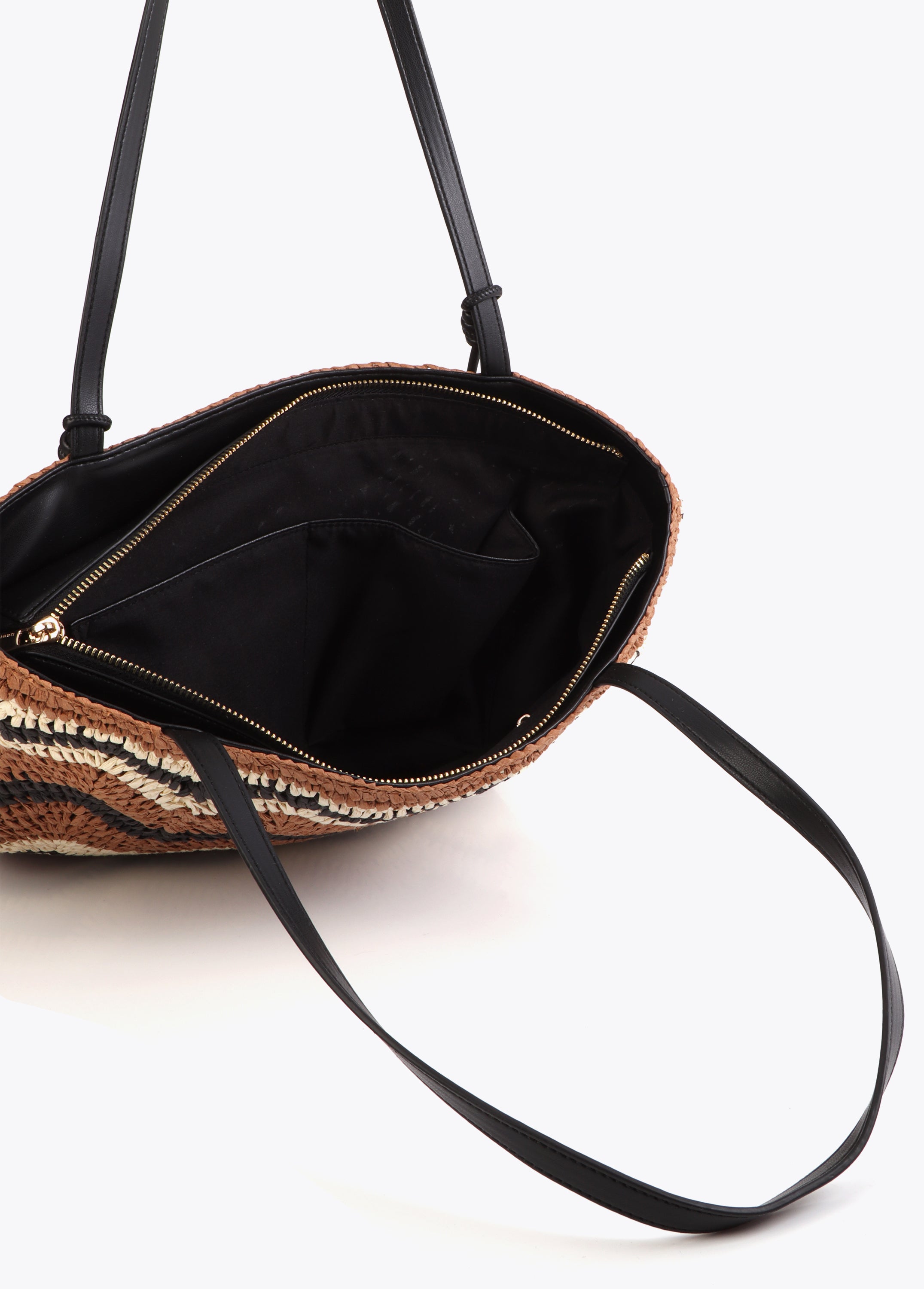 Two-Tone Herringbone Effect Raffia Bag