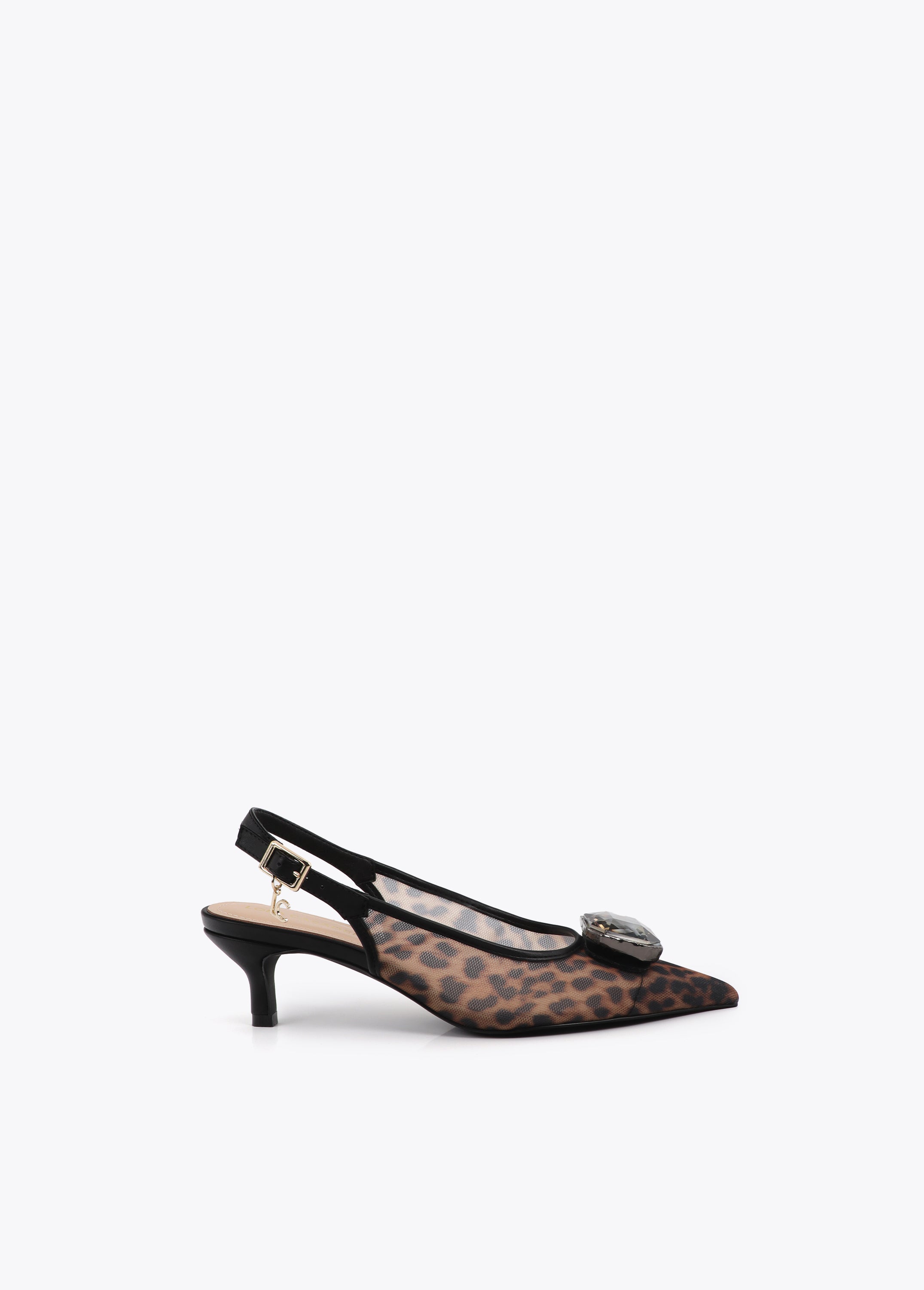 Mesh High Heel with Animal Print and Crystal Detail
