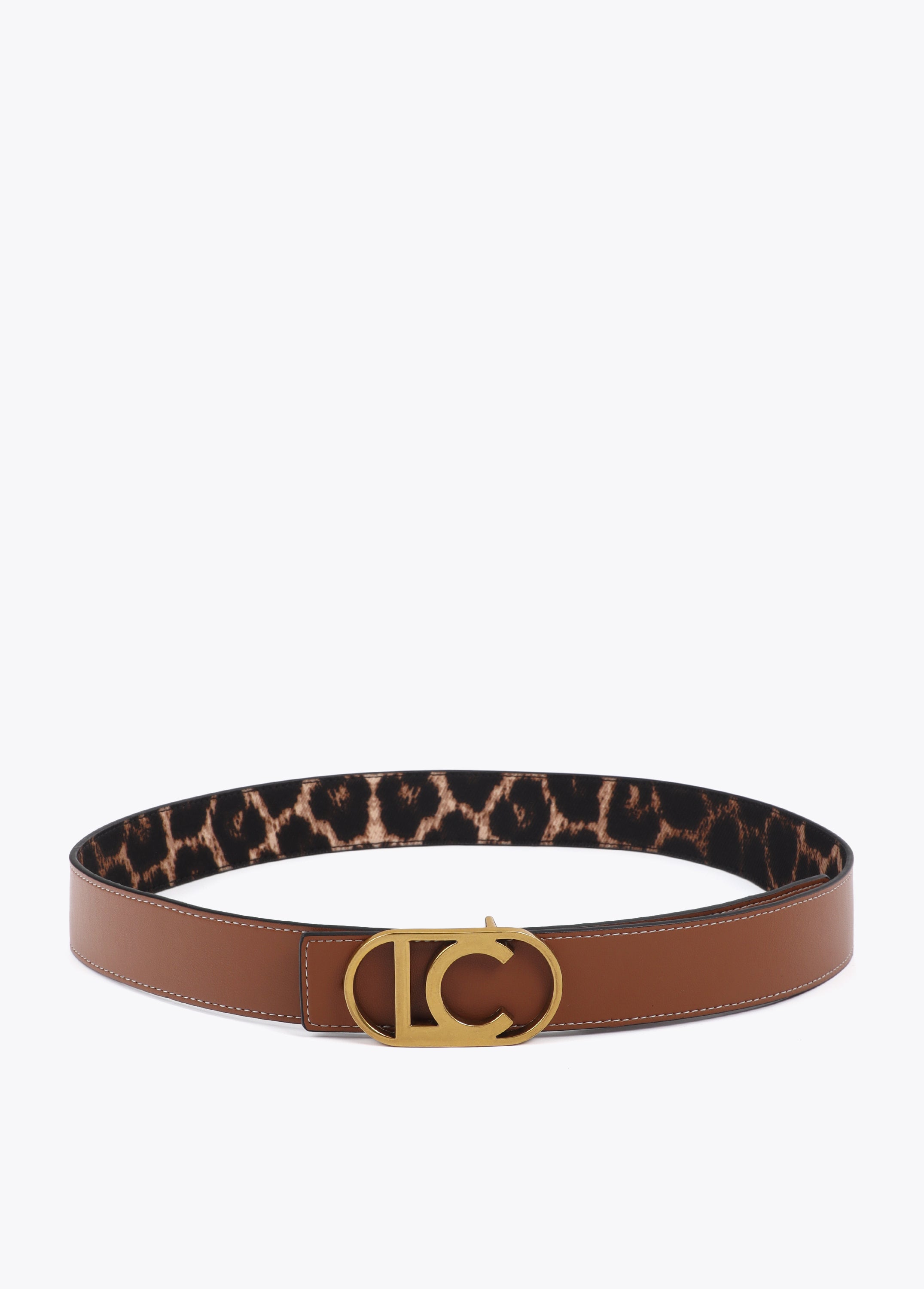Reversible Animal Print Belt with Logo Oval Buckle