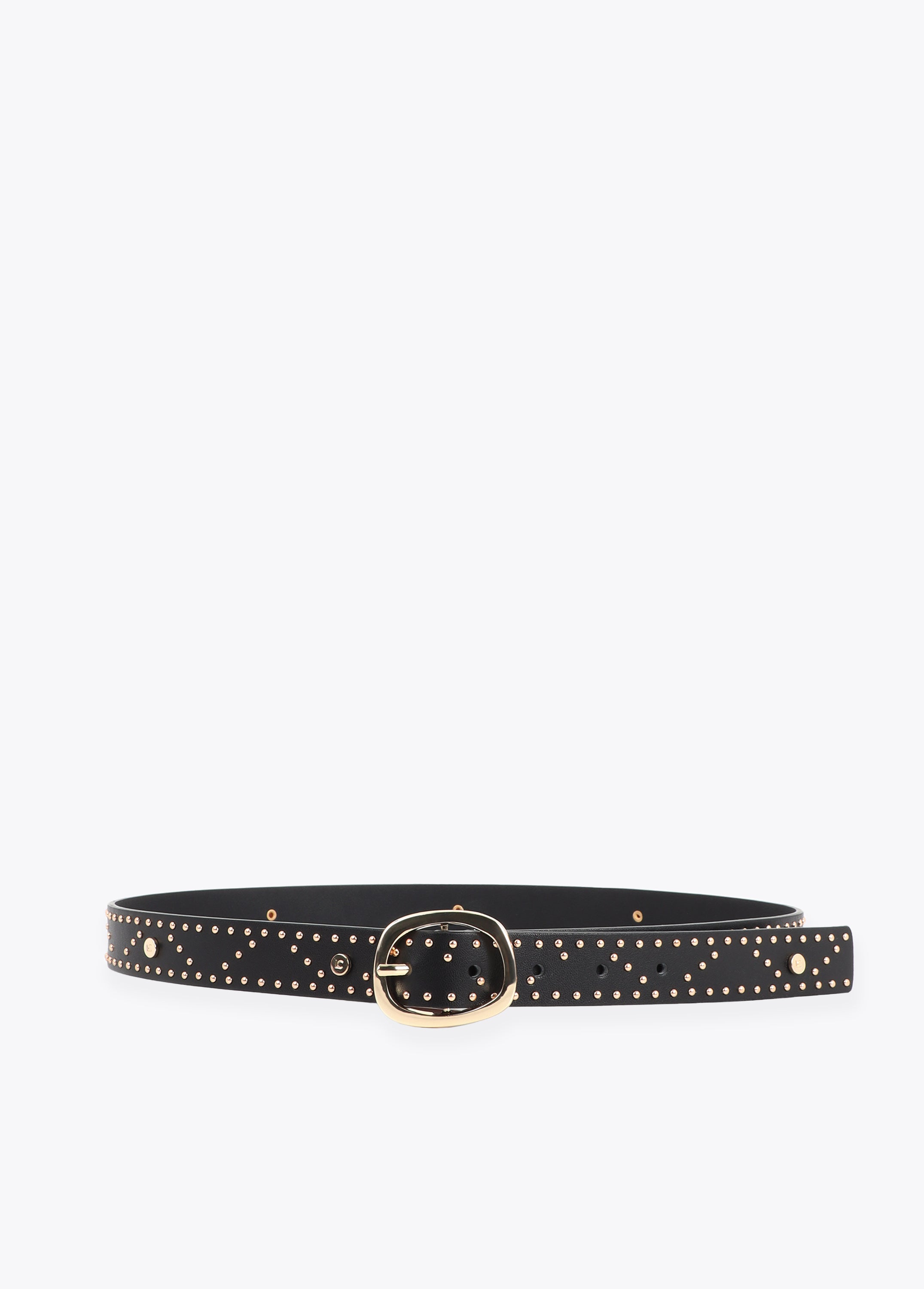 Belt with logo-embossed studs and metallic applications