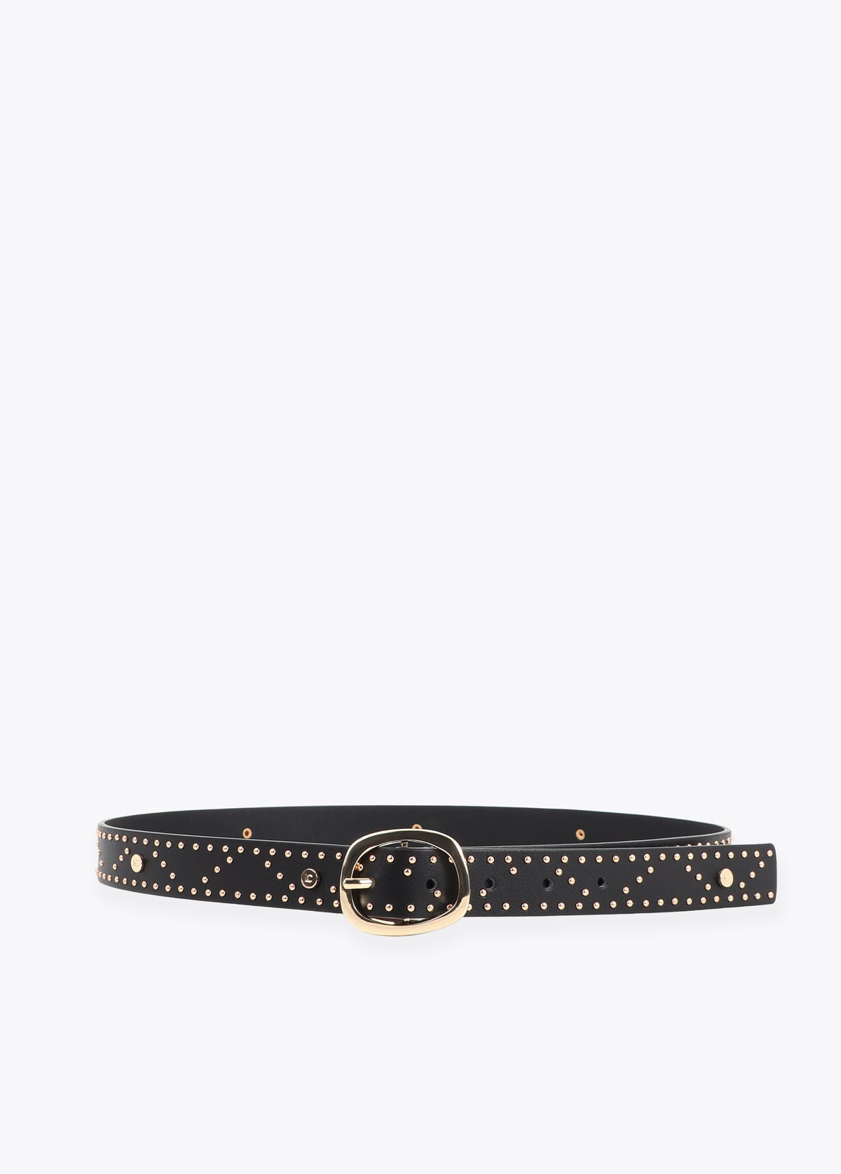 Belt with logo-embossed studs and metallic applications