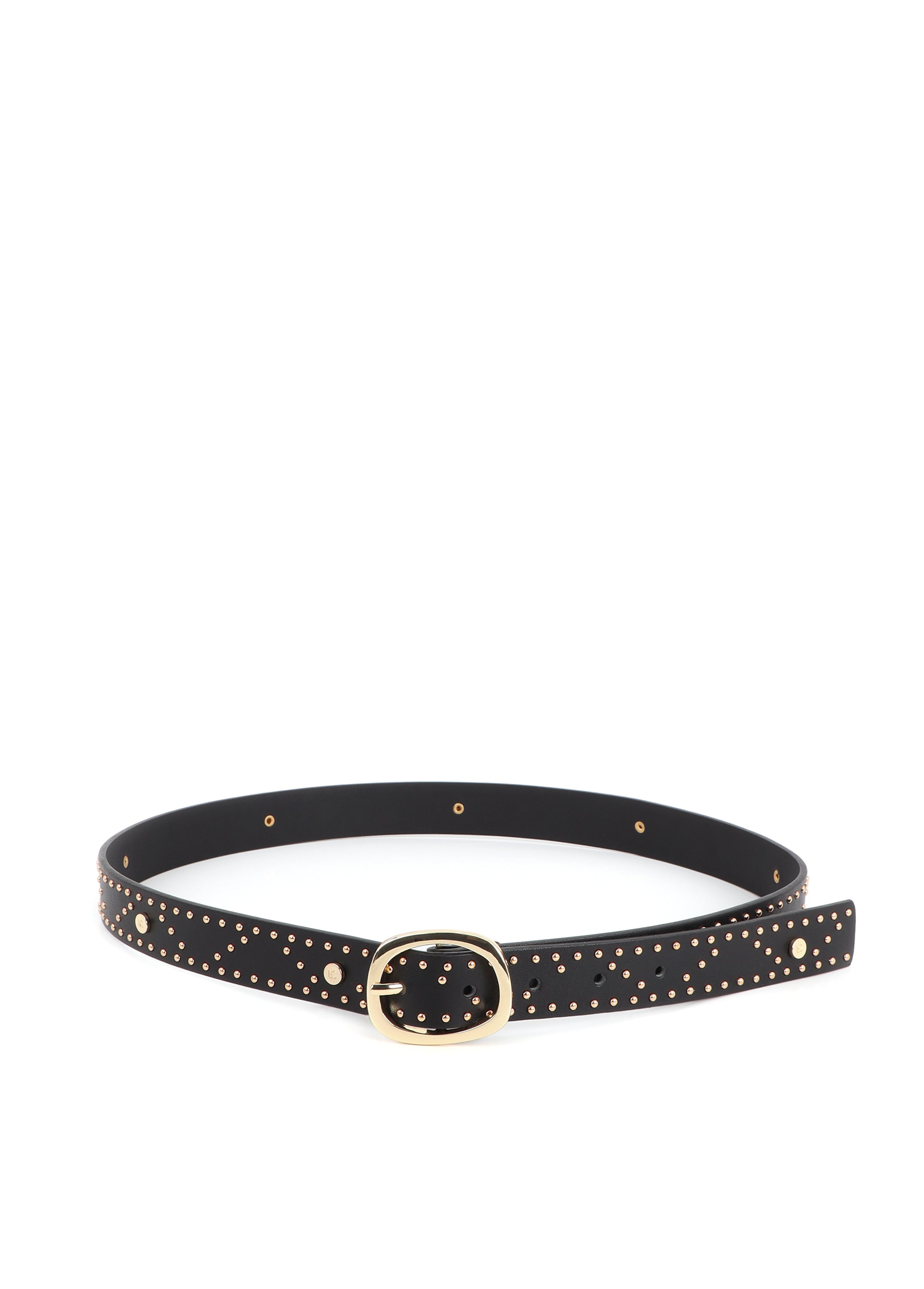 Belt with logo-embossed studs and metallic applications