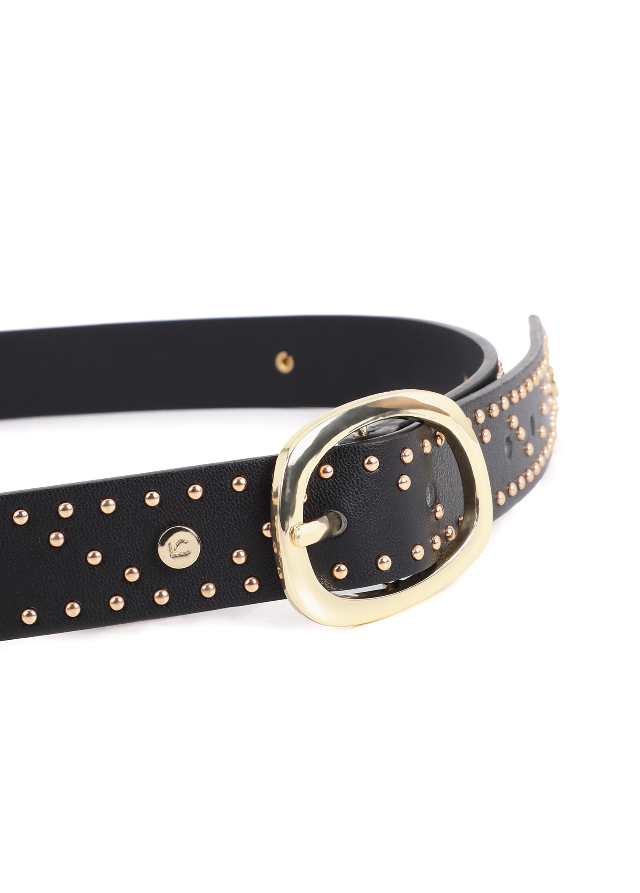 Belt with logo-embossed studs and metallic applications