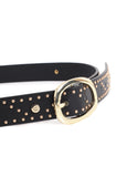 Belt with logo-embossed studs and metallic applications