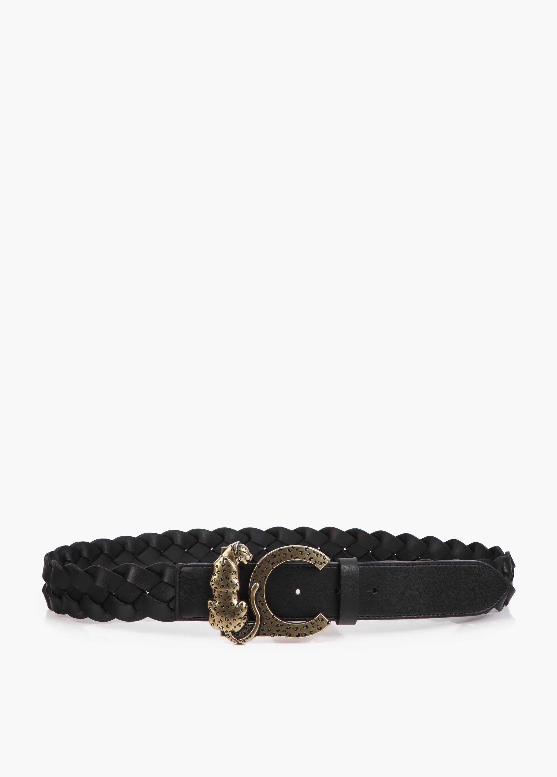 Reversible Braided Faux Leather Belt with Animal Logo Buckle
